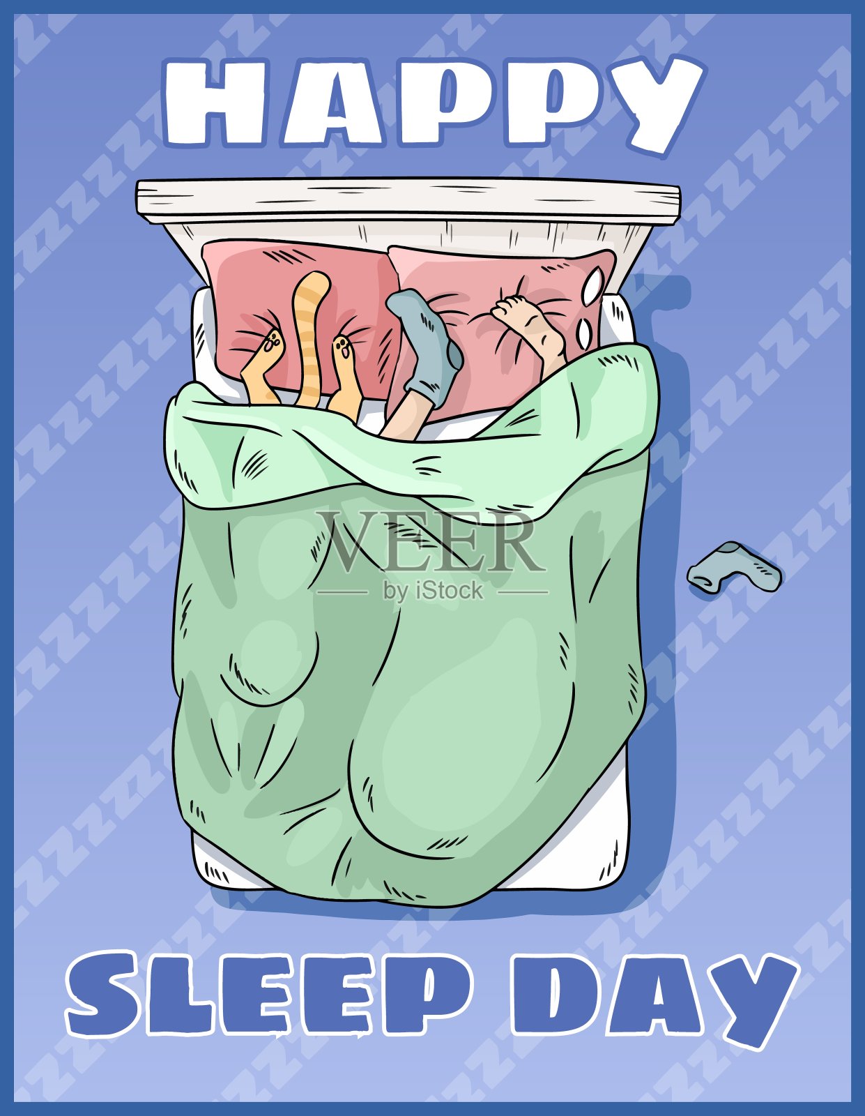 睡眠日快乐。国际节日明信片。文本空格。女孩安静地睡在床上插画图片素材
