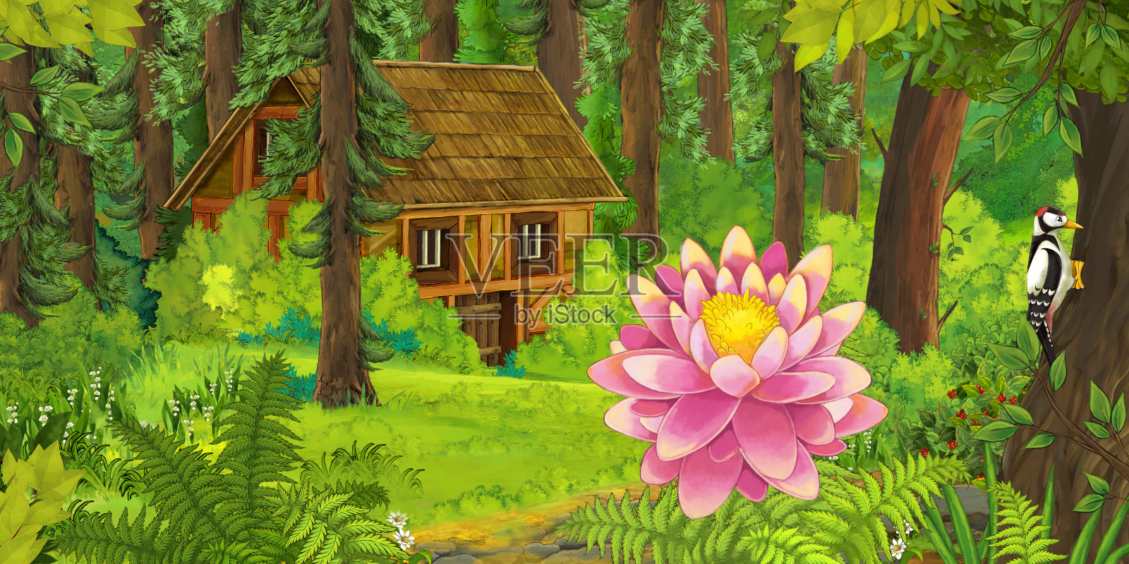 卡通场景与美丽的花朵在森林附近一些隐藏的木屋插画图片素材