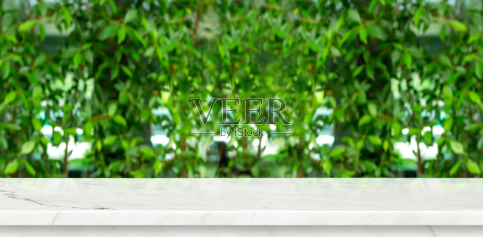空大理石桌子与绿色模糊树叶墙花园背景模拟展示或蒙太奇的产品，全景视图，有机概念横幅广告在网络媒体上。照片摄影图片