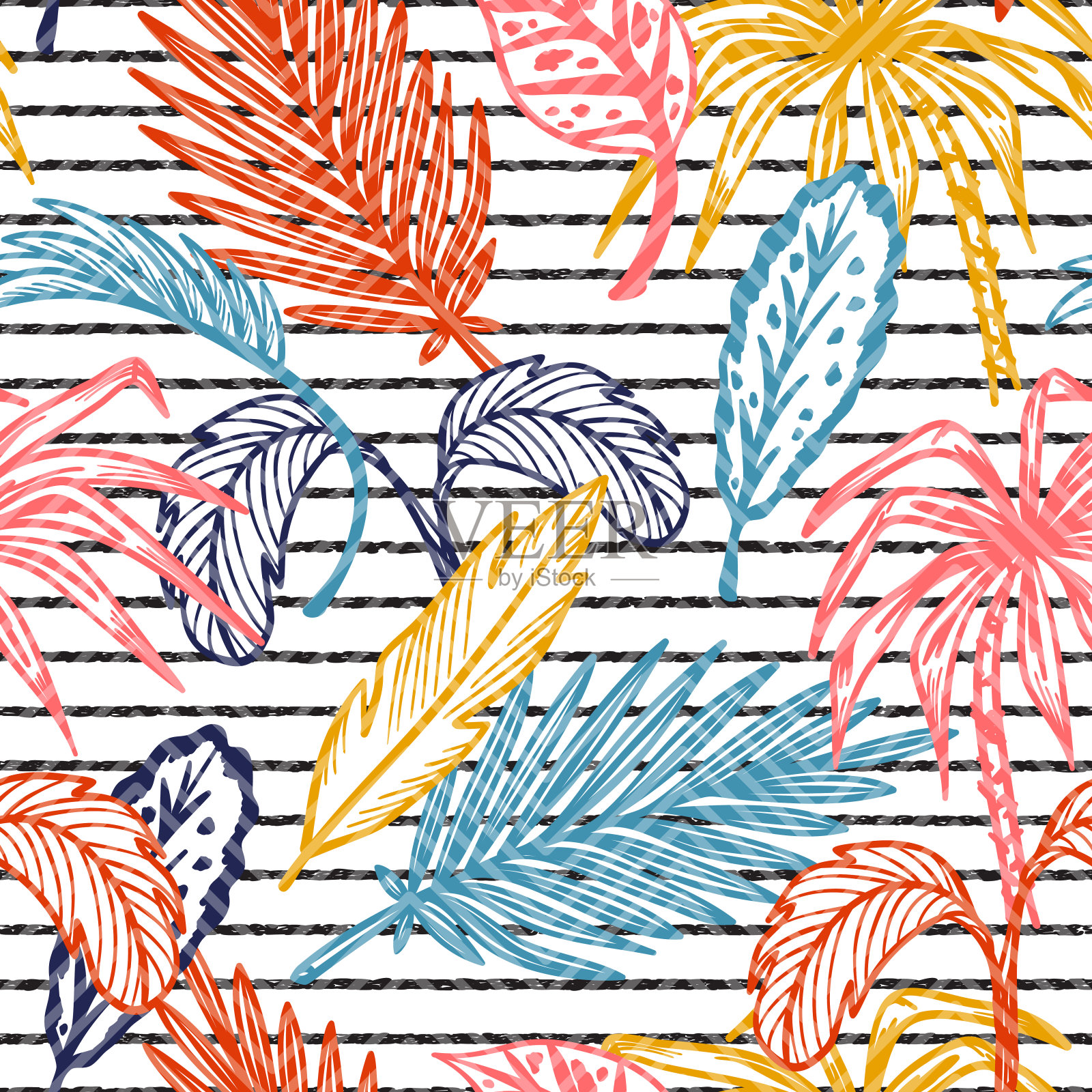 彩色热带棕榈树叶子矢量无缝模式。手绘涂鸦棕榈叶素描。夏季花条纹背景。热带植物壁纸插画图片素材