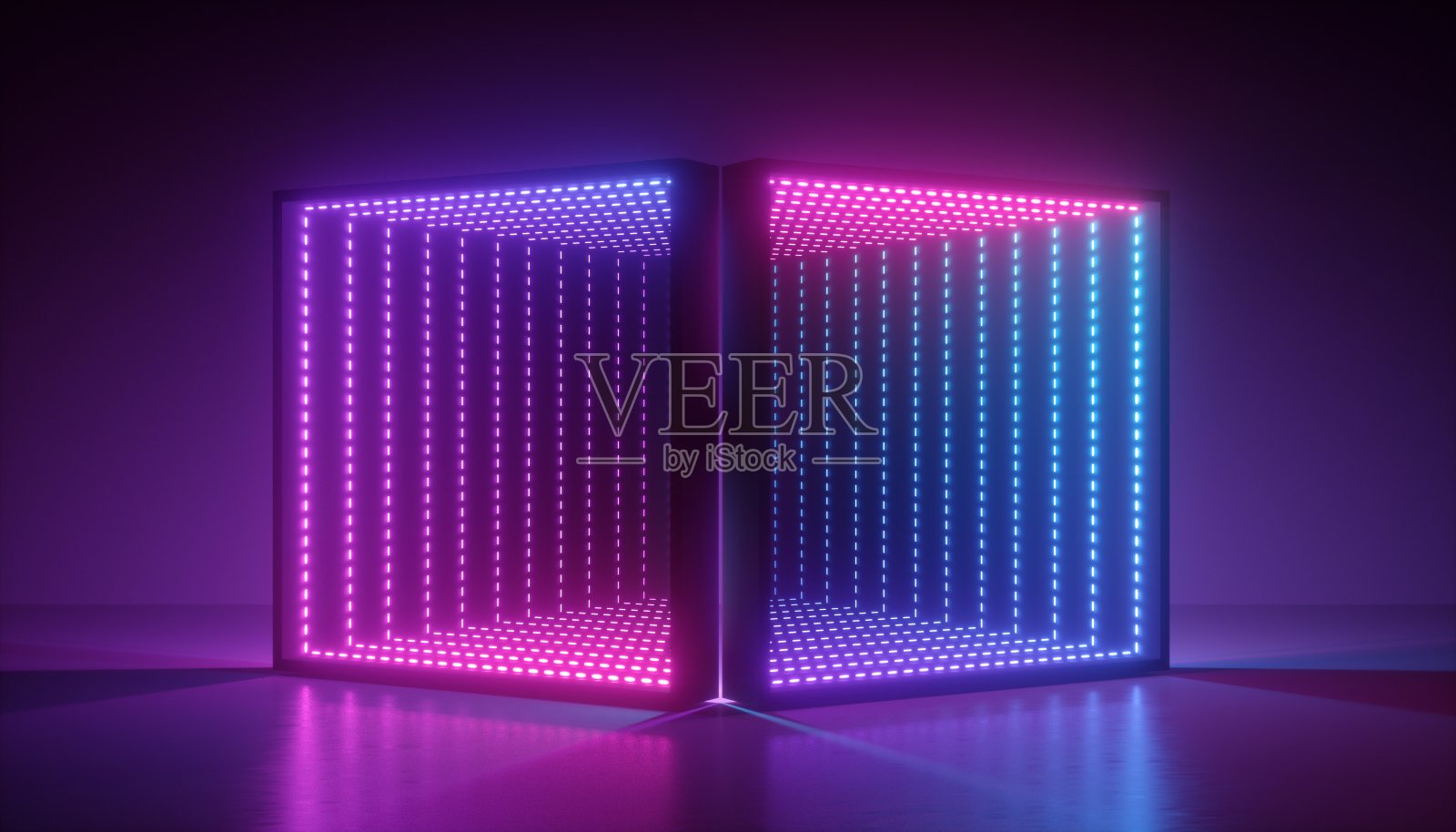 3d渲染，抽象紫外线背景，粉蓝色霓虹灯，方形入口，虚拟现实，能源，空白空间，激光显示，灯箱照片摄影图片