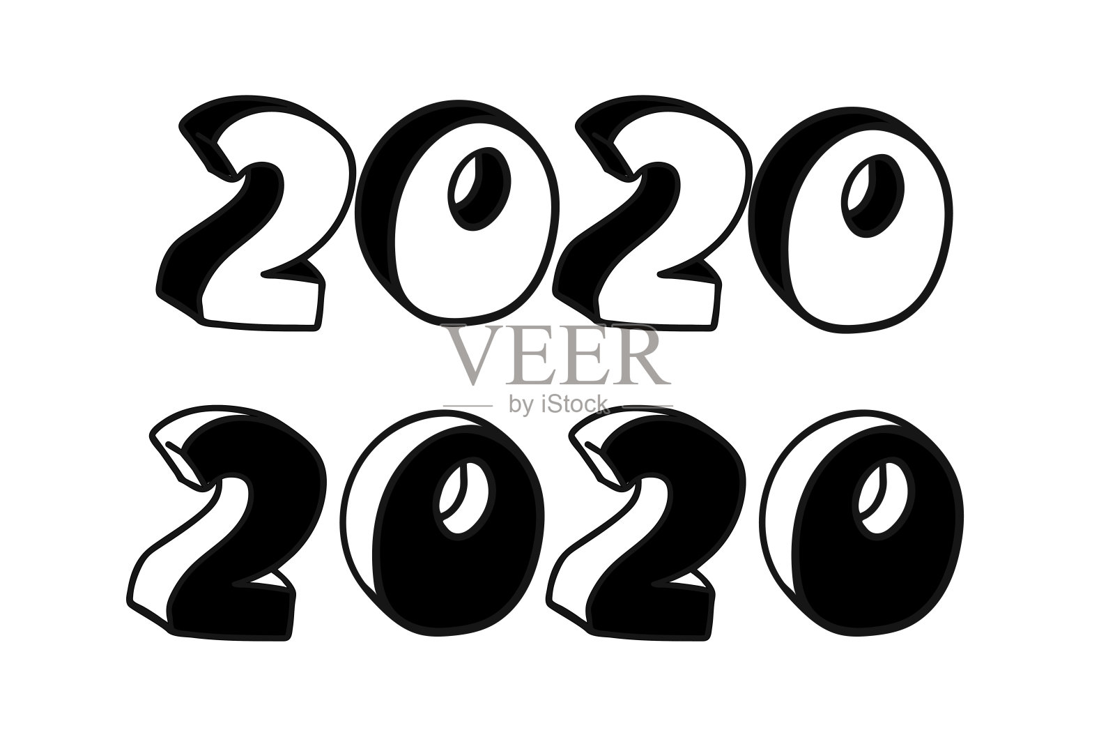 矢量手绘制3D线艺术数字2020。标志为素描艺术，ouline字体。拉丁字母数字的新年。孤立的没有背景。中国新2020年晚会创意文本设计元素图片
