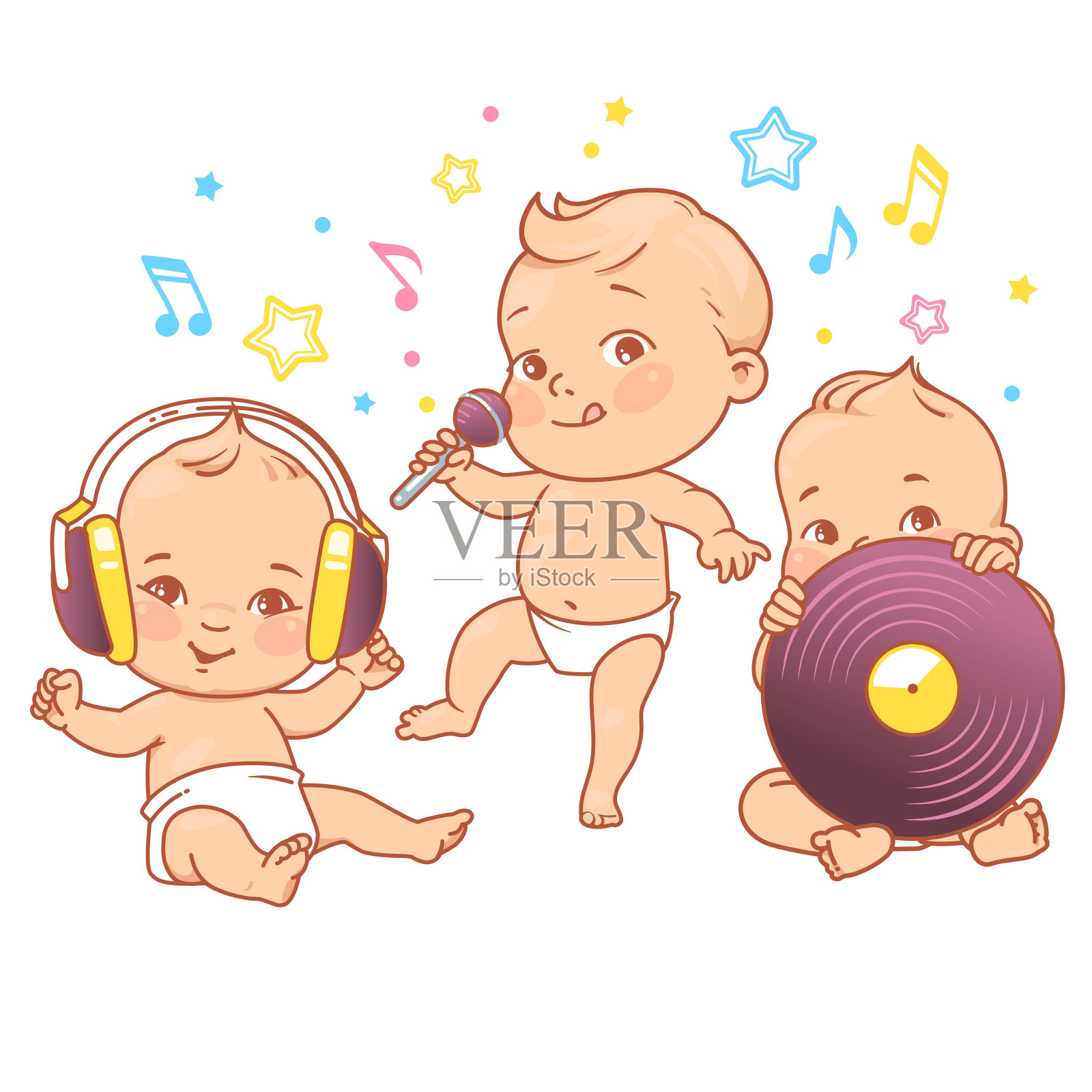 穿着尿布的可爱的小婴儿。快乐的孩子听音乐。设计元素图片