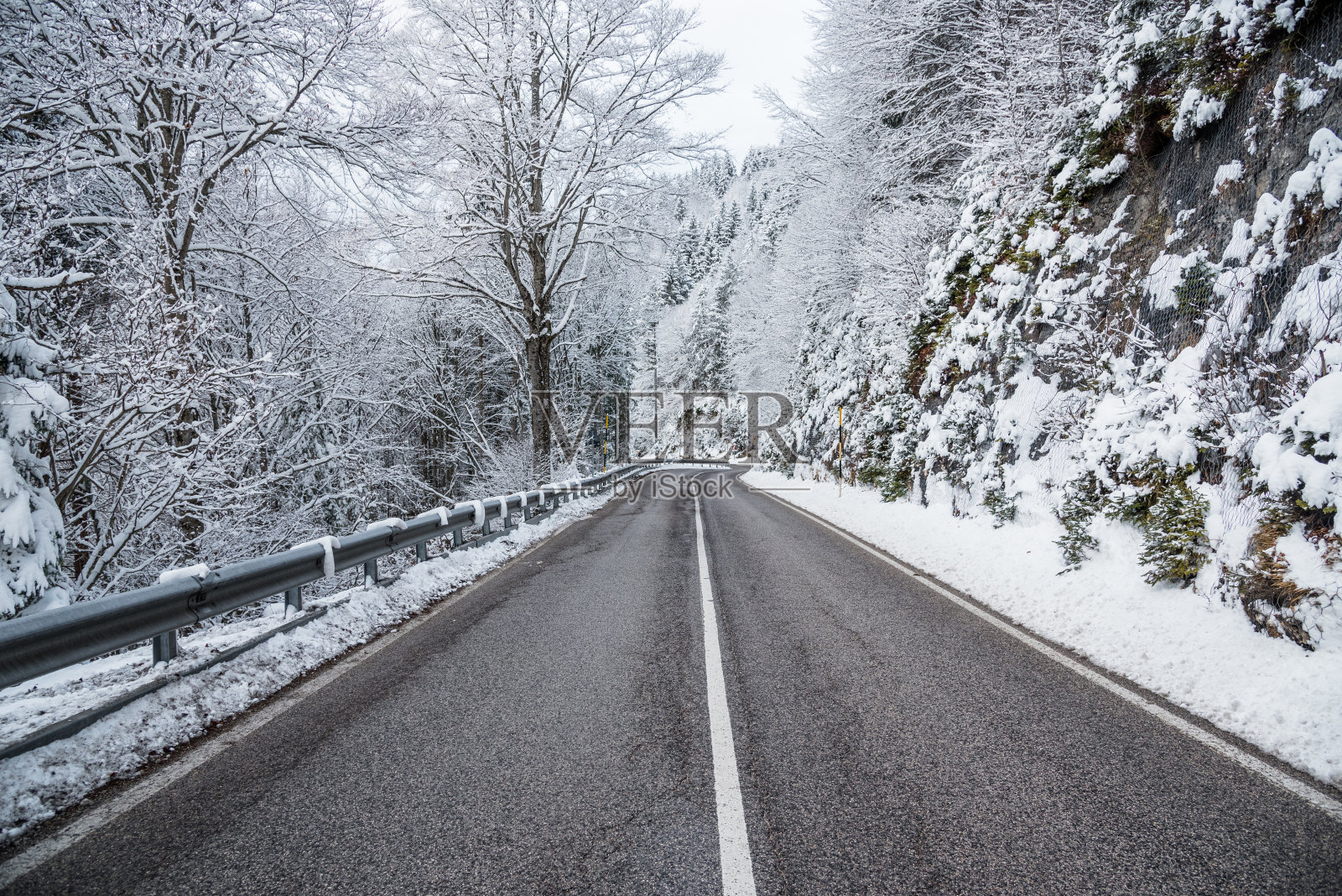风景优美的直路穿过雪域森林在冬天照片摄影图片