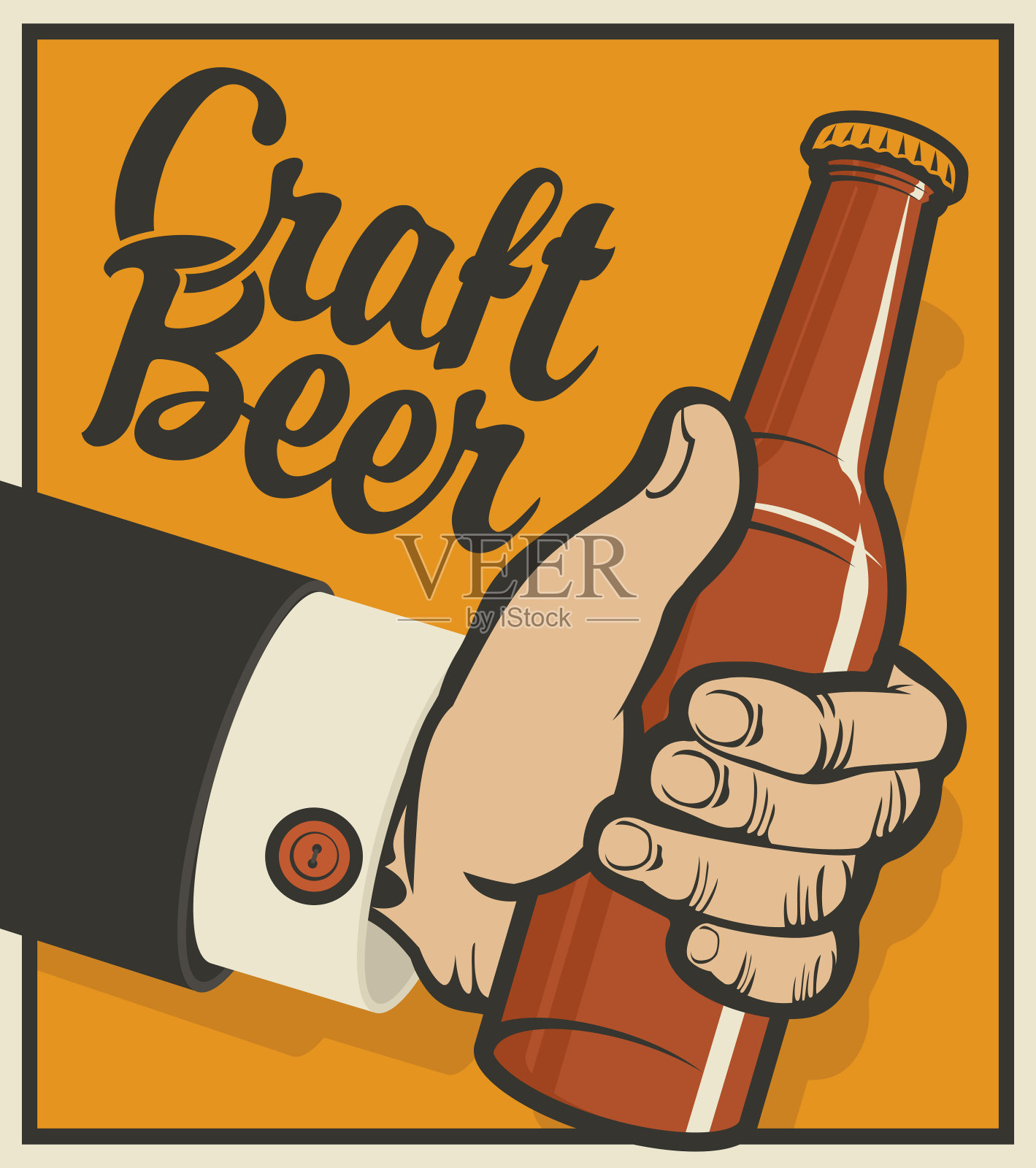 啤酒横幅，一个男人的手拿着一个瓶子插画图片素材