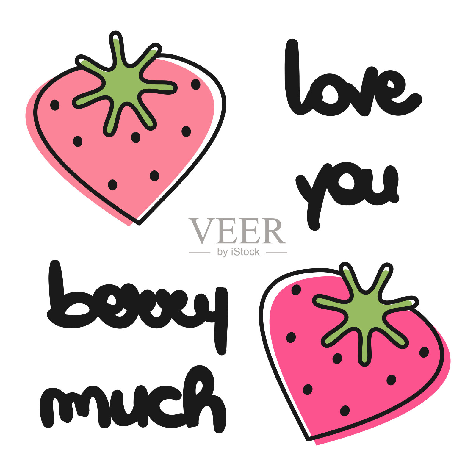 可爱的向量手绘字母爱你浆果多文字卡与心草莓插画图片素材