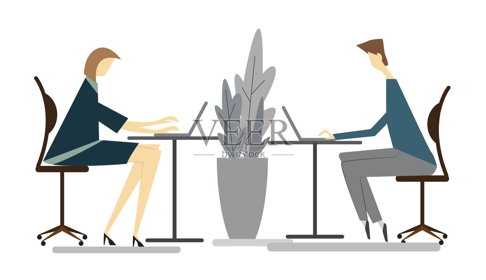 优雅的男男女女正坐在椅子上对着电脑工作。插画图片素材