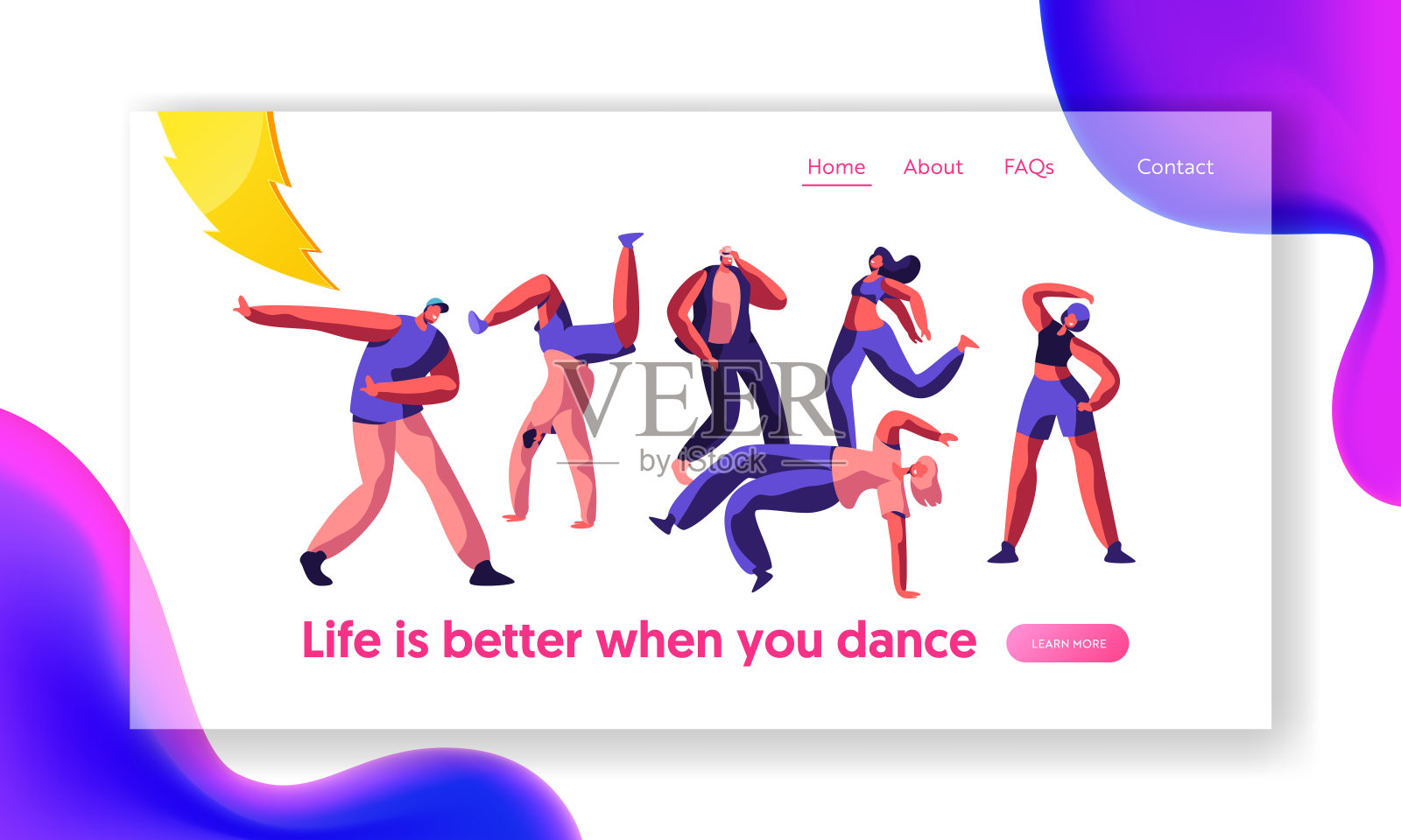 迪斯科男自由式舞蹈登陆页面。青年，男孩和女孩一起积极运动。活动生活方式街头音乐会网站或网页。平面卡通矢量插图插画图片素材