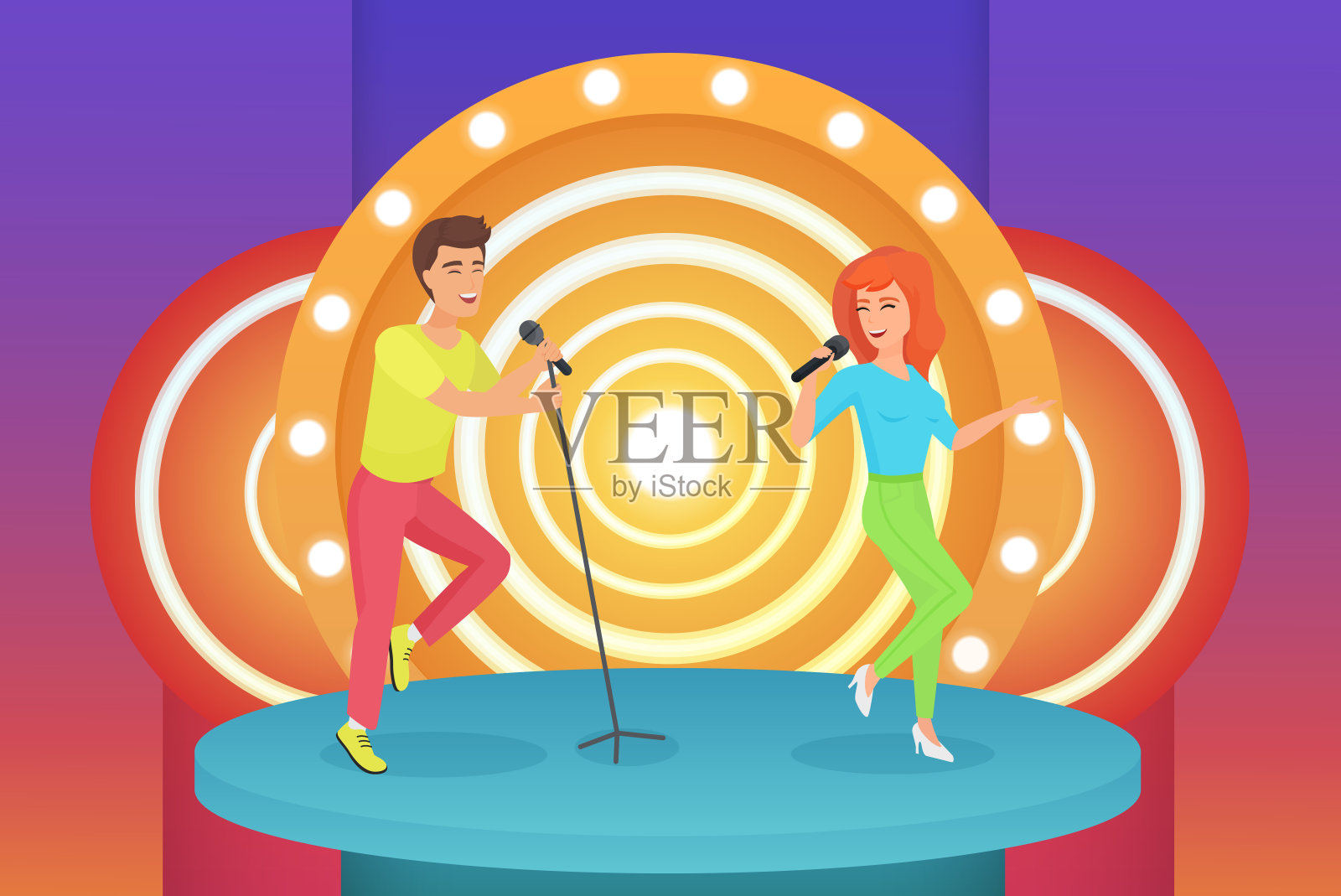 情侣，男人和女人歌手唱卡拉ok歌曲站在圆形现代舞台矢量插图。插画图片素材