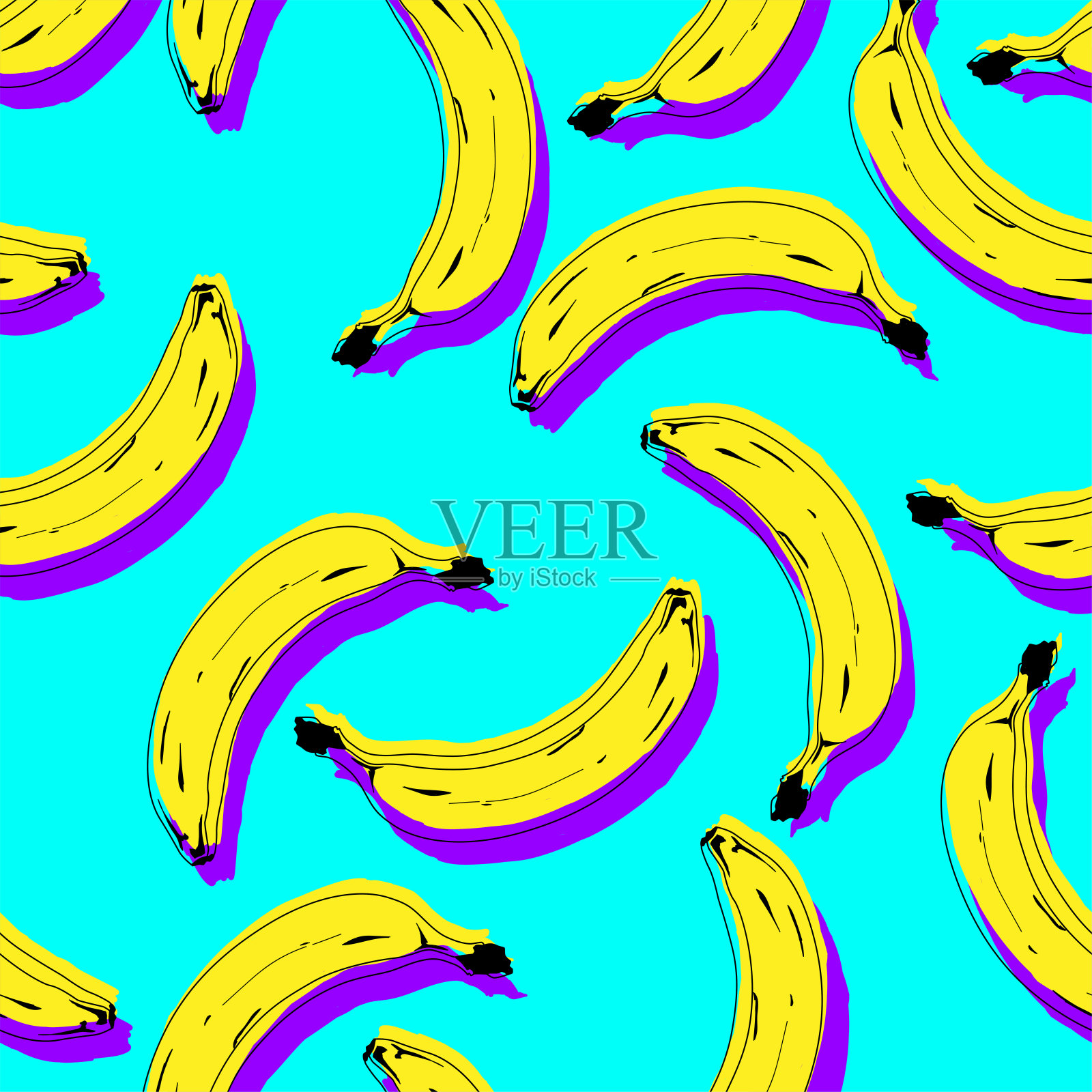 无缝的波普艺术黄色香蕉图案随机分布在蓝色背景。矢量插图。插画图片素材