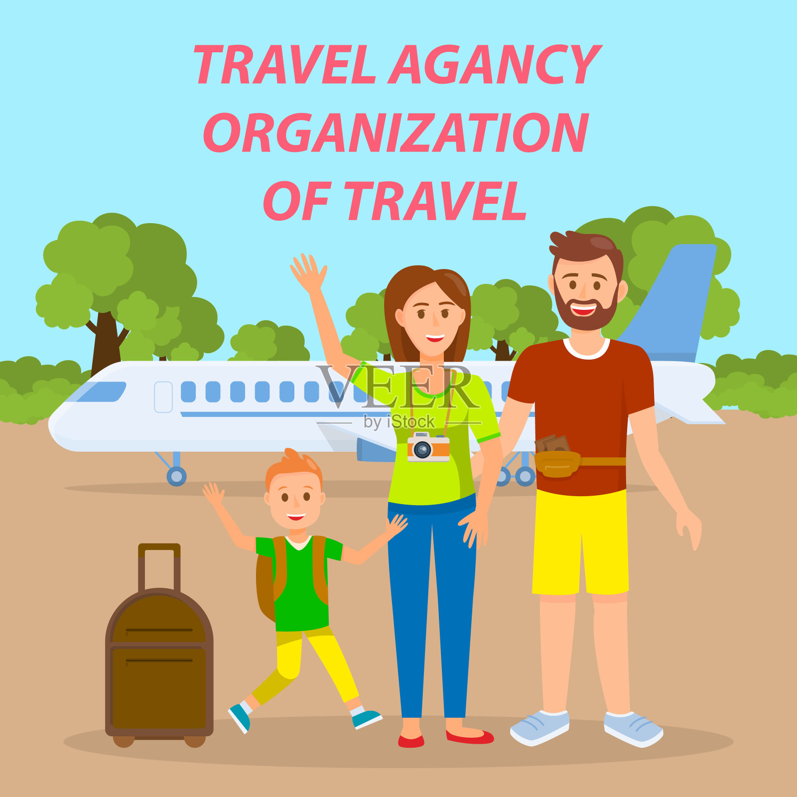 家庭乘飞机旅行社交媒体横幅插画图片素材