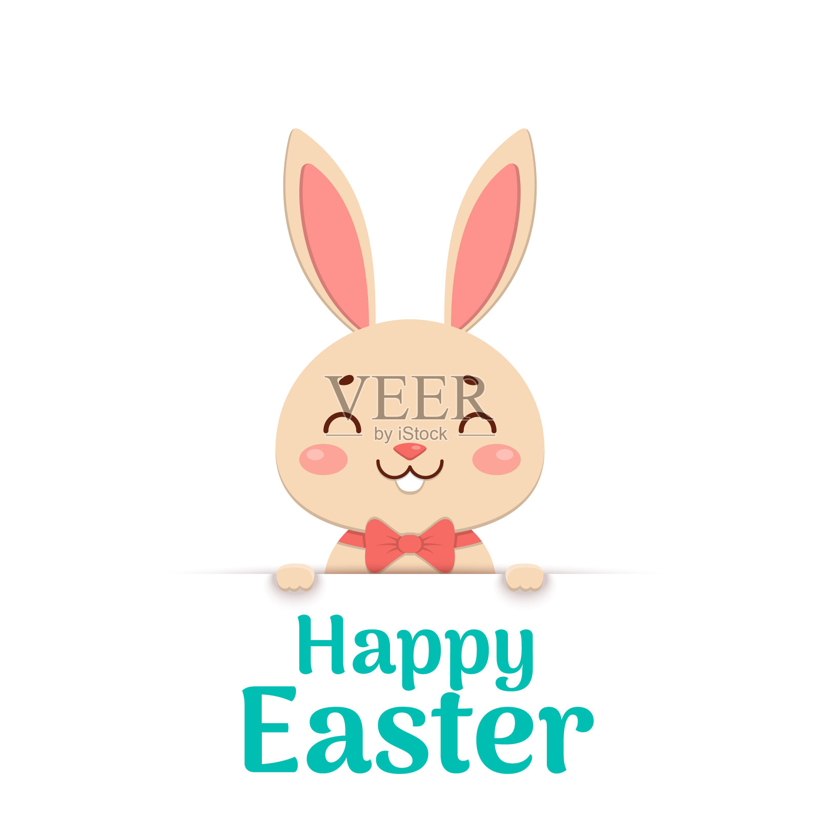 复活节快乐。复活节卡通微笑兔子在一个红色的领结是看出来的洞和持有文字的地方。插画图片素材