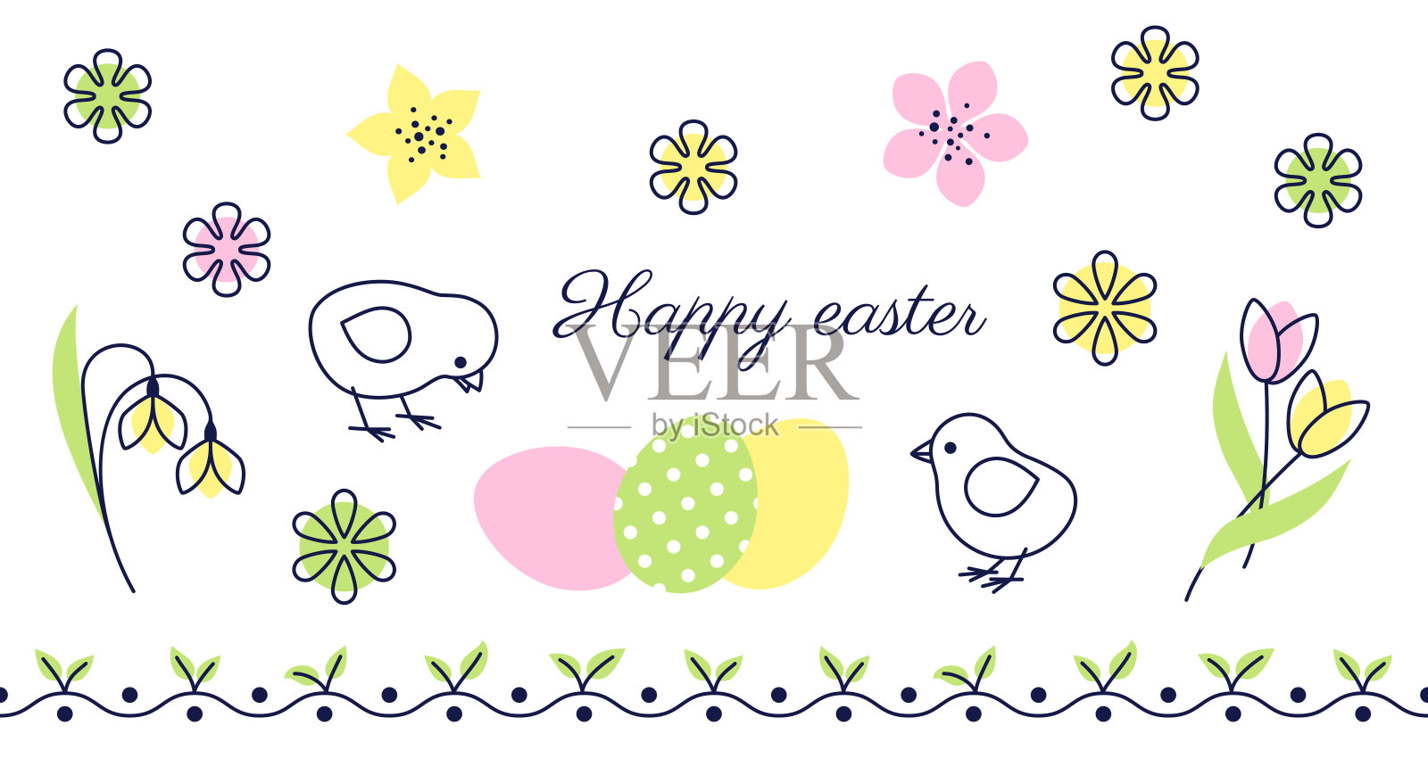 复活节贺卡上有可爱的小鸡、鸡蛋和春天的鲜花插画图片素材