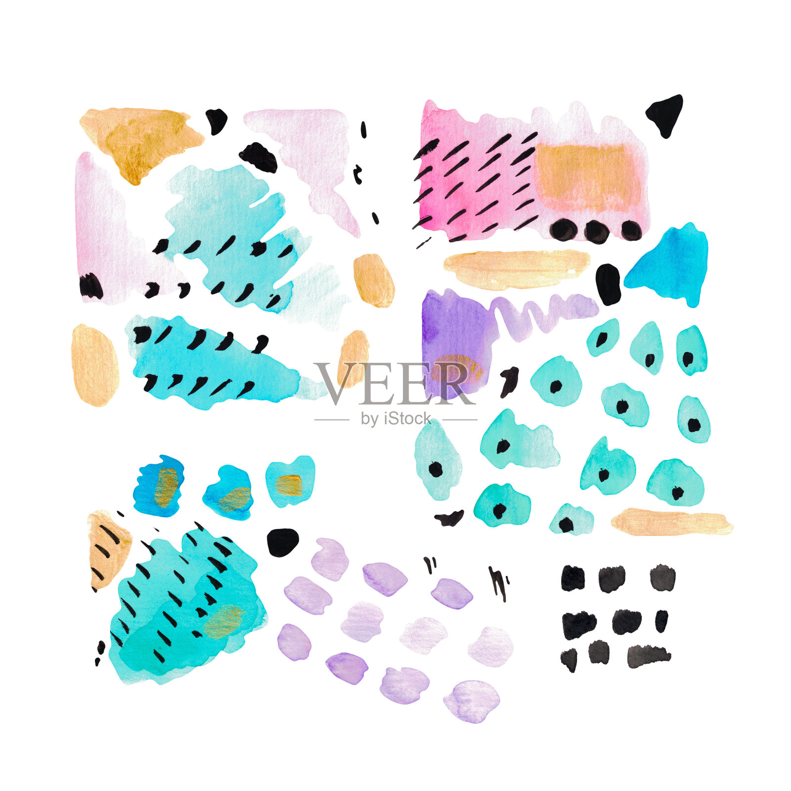 水彩抽象插图装饰点在白色孤立的背景现代纹理粉紫色蓝黑色污点条纹时髦的拼贴插画图片素材