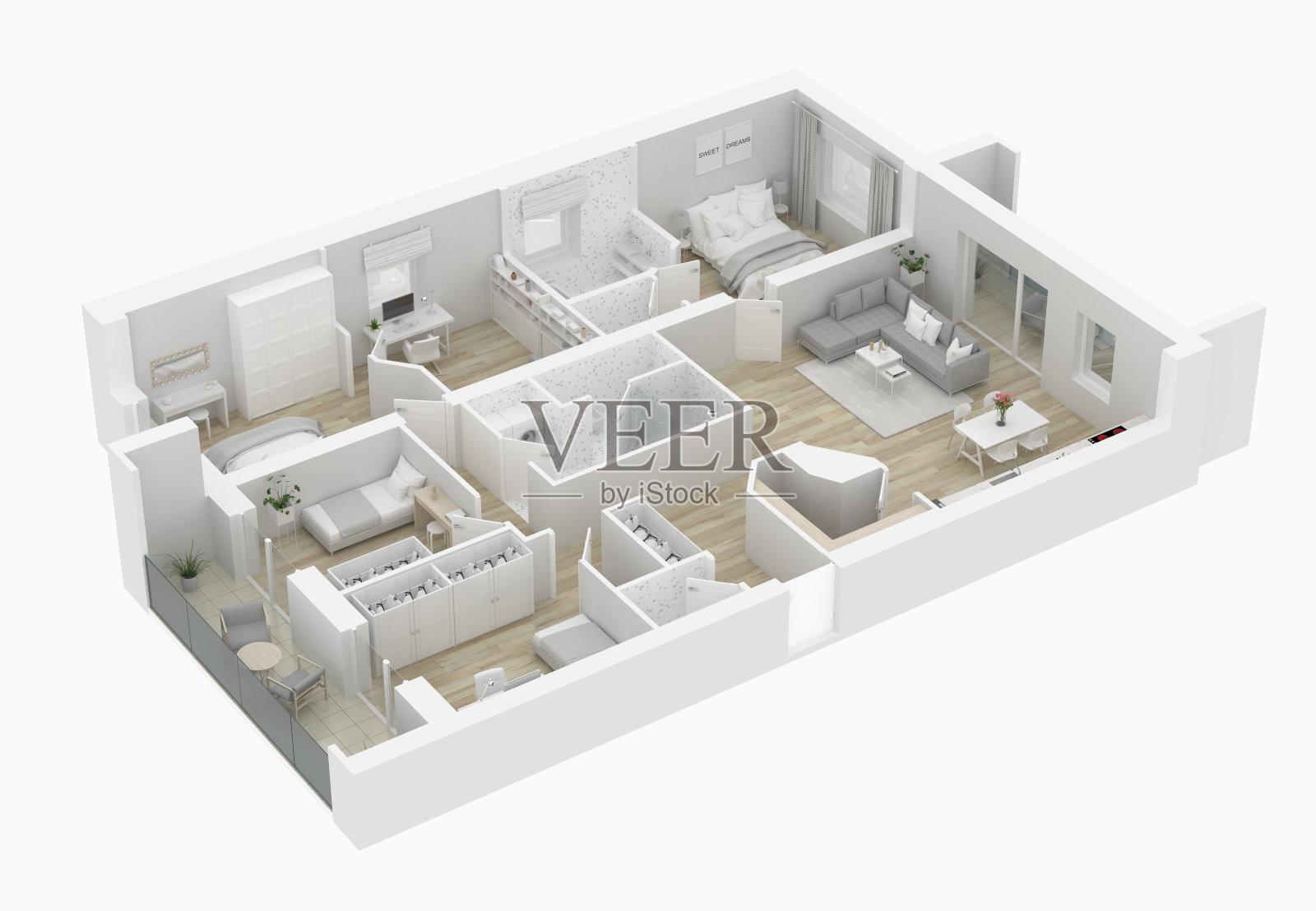 3D平面图的一个家。开放式概念生活公寓布局照片摄影图片