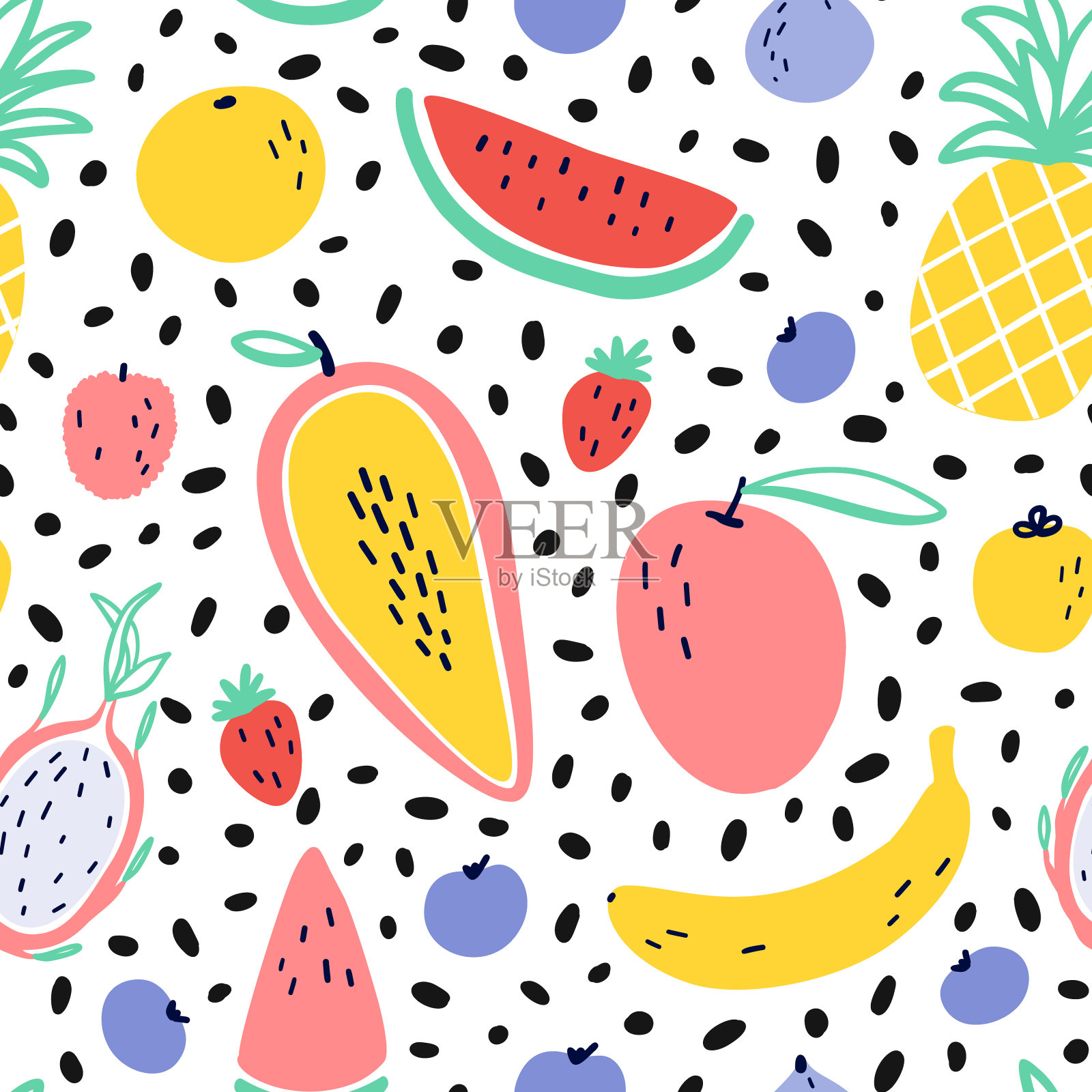 矢量热带水果背景与菠萝，芒果，西瓜，火龙果，火龙果，香蕉，木瓜。夏季异域水果无缝图案与孟菲斯风格元素插画图片素材