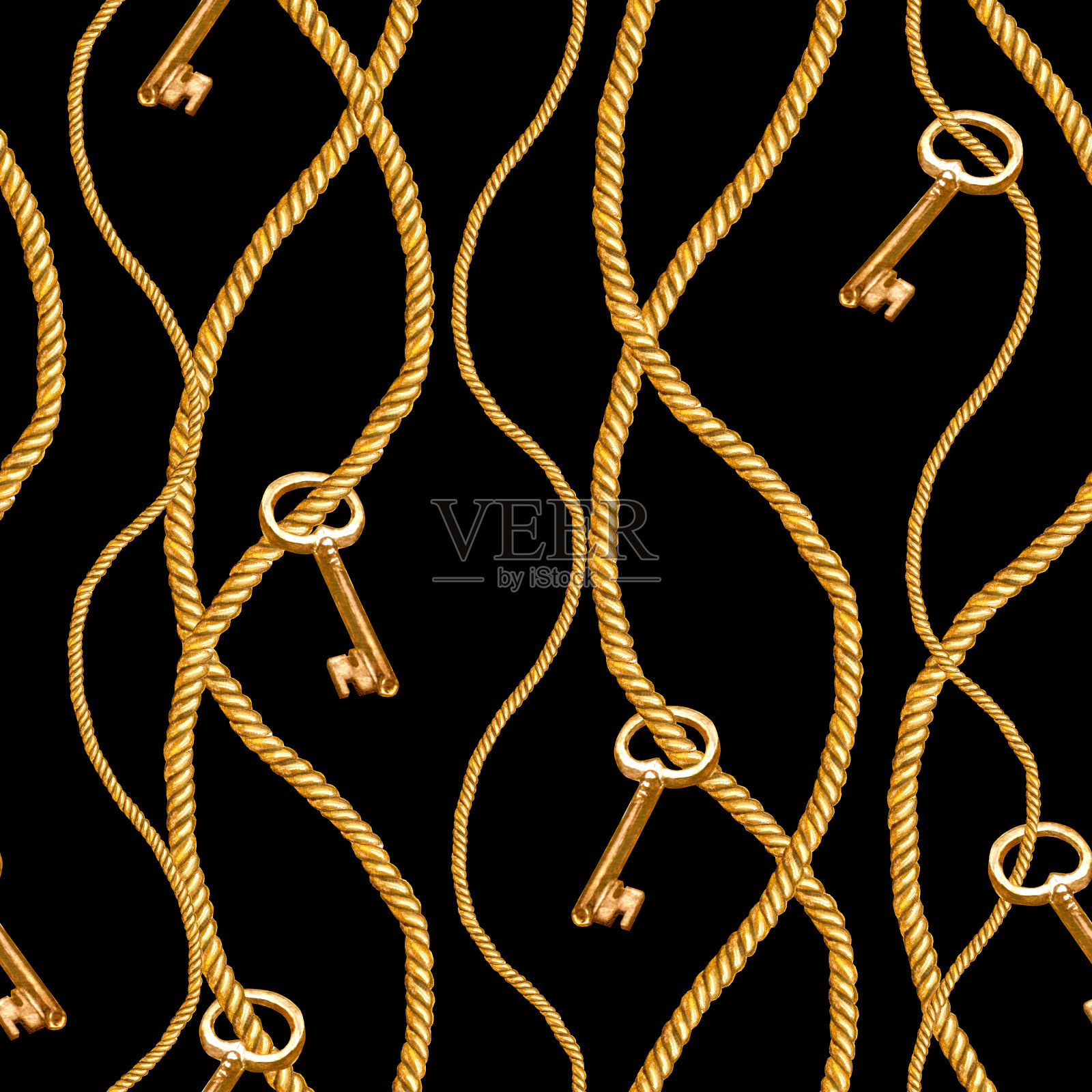 金色链条魅力无缝图案插画。水彩纹理与金色链条绳钥匙。插画图片素材