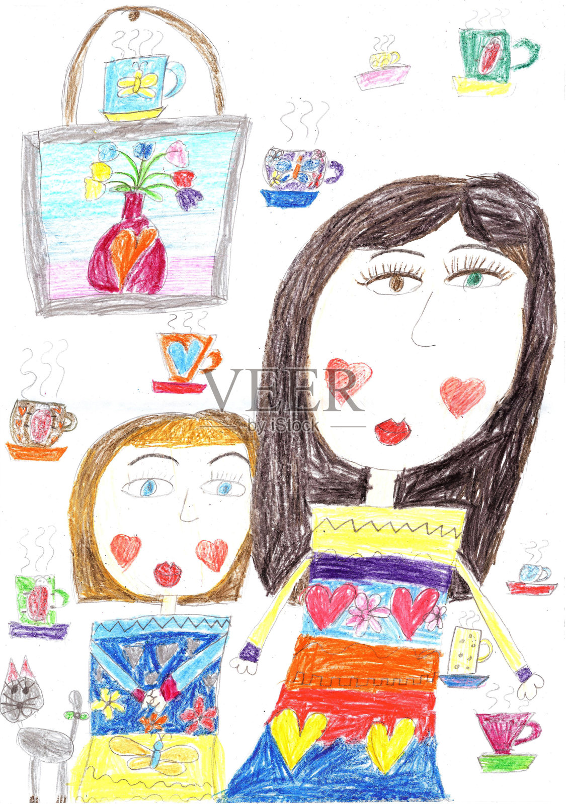 孩子画的一个幸福的家庭在房子里插画图片素材