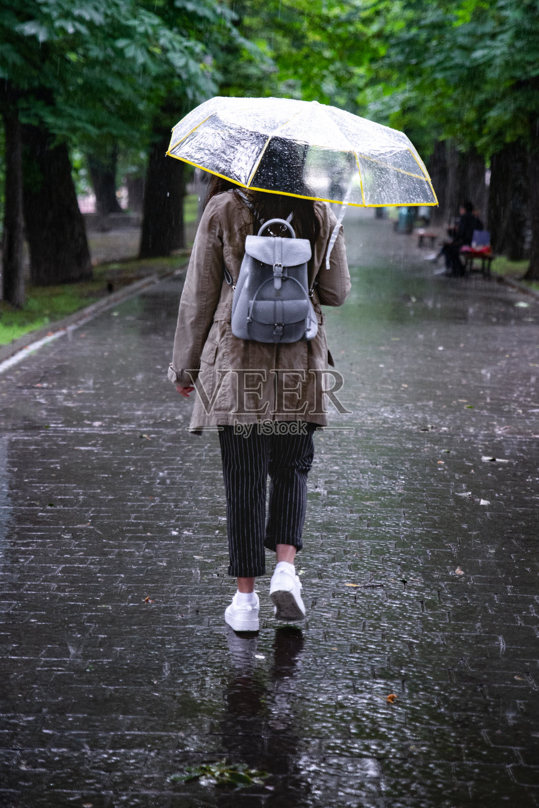 多雨的天气。带着伞走过城市公园的女人照片摄影图片