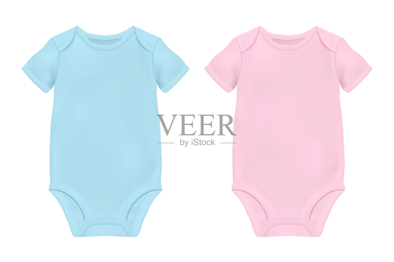 向量现实的蓝色和粉红色空白婴儿紧身衣模板，模型特写孤立在白色。正面和背面。身体儿童，婴儿衬衫，连体衣。配件，新生儿的衣服。俯视图插画图片素材