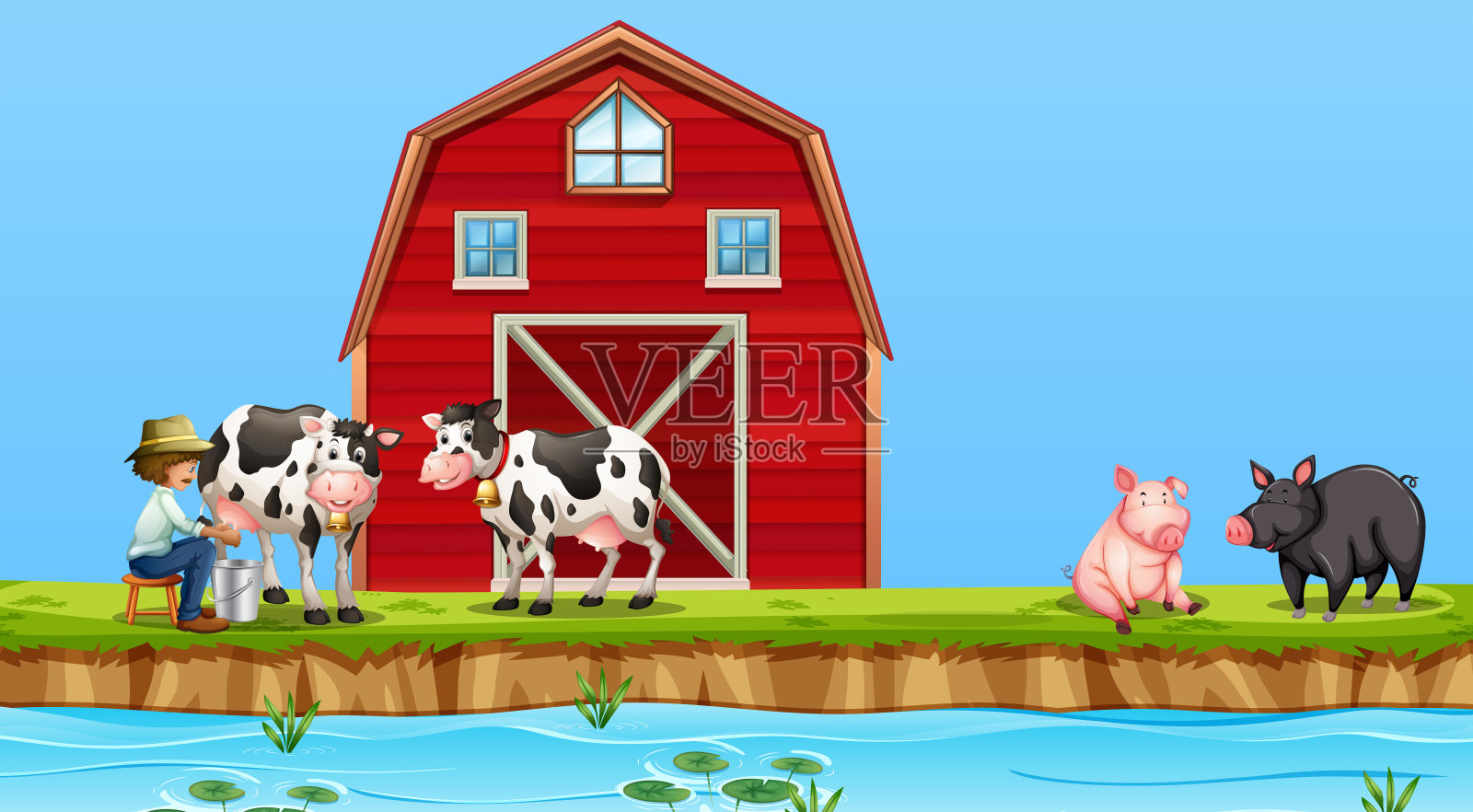 一个农民在农场挤牛奶插画图片素材