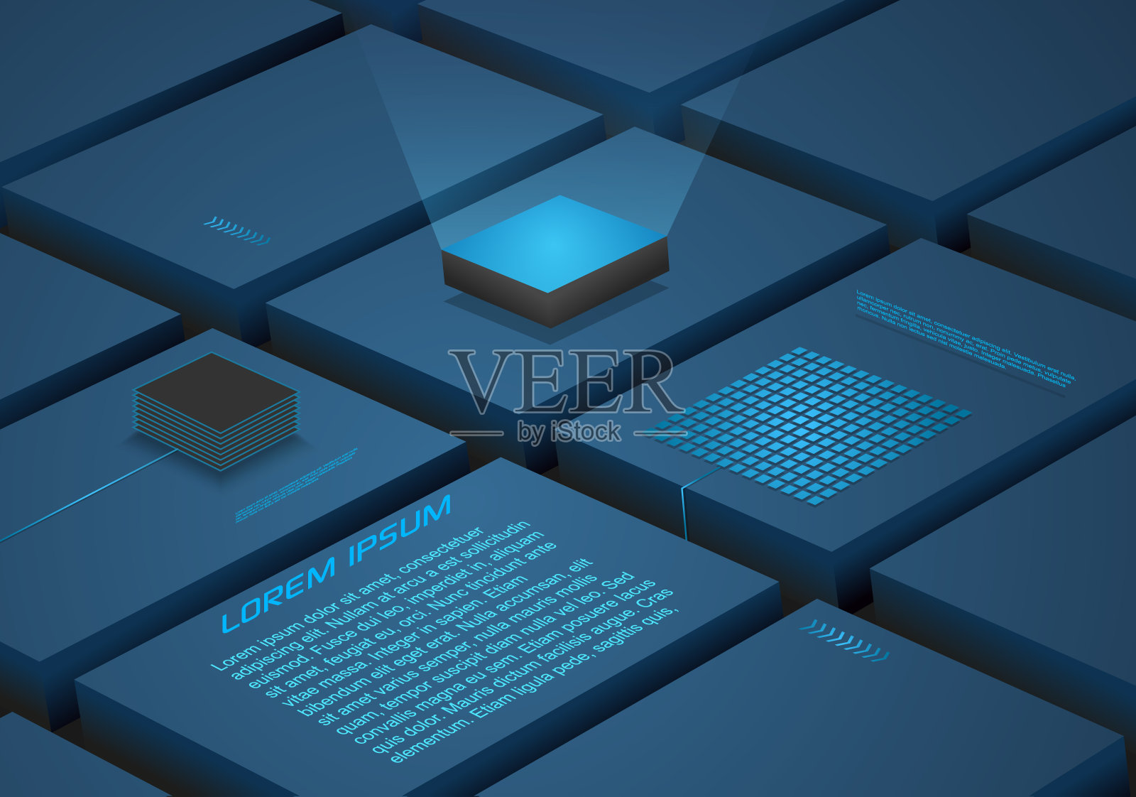 抽象块背景与人工智能，机器人量子计算处理器在蓝色。用于商业技术和工程插画图片素材