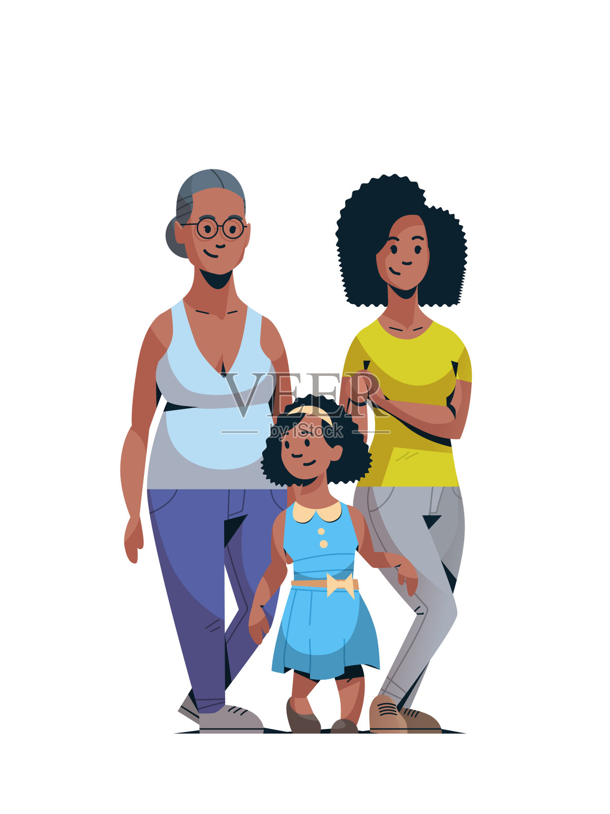 三代快乐的非裔美国人家庭庆祝妇女国际三月八日概念女性人物全长垂直插画图片素材