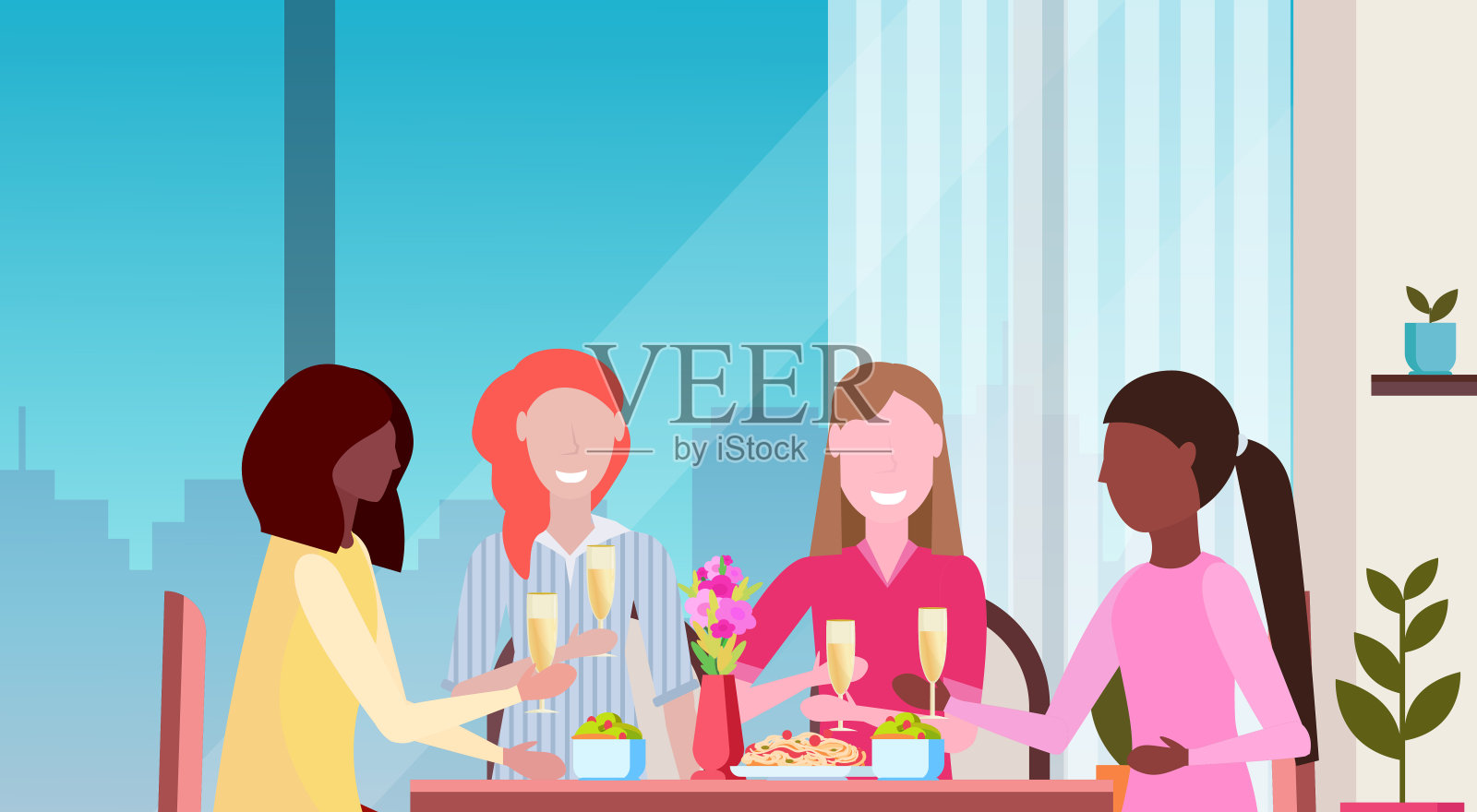 女人喝香槟享受食物国际快乐8日节日概念混合种族女孩坐在咖啡馆餐桌餐厅内部水平特写肖像插画图片素材
