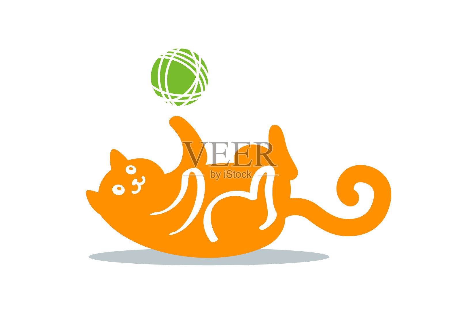 平面彩色图形画了一只可爱有趣的红猫，玩着毛线球，落在他的背上。图标，矢量插图，孤立的背景。插画图片素材