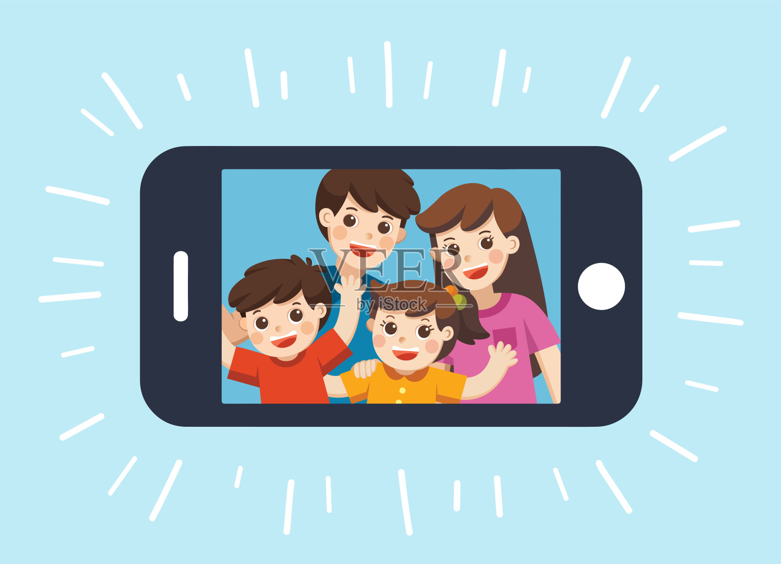 幸福的家庭自拍照片在智能手机显示。与母亲，父亲，儿子，女儿的自拍照片。矢量插图。插画图片素材