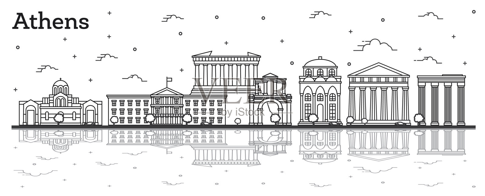 雅典希腊城市轮廓线与历史建筑和反射孤立在白色。插画图片素材