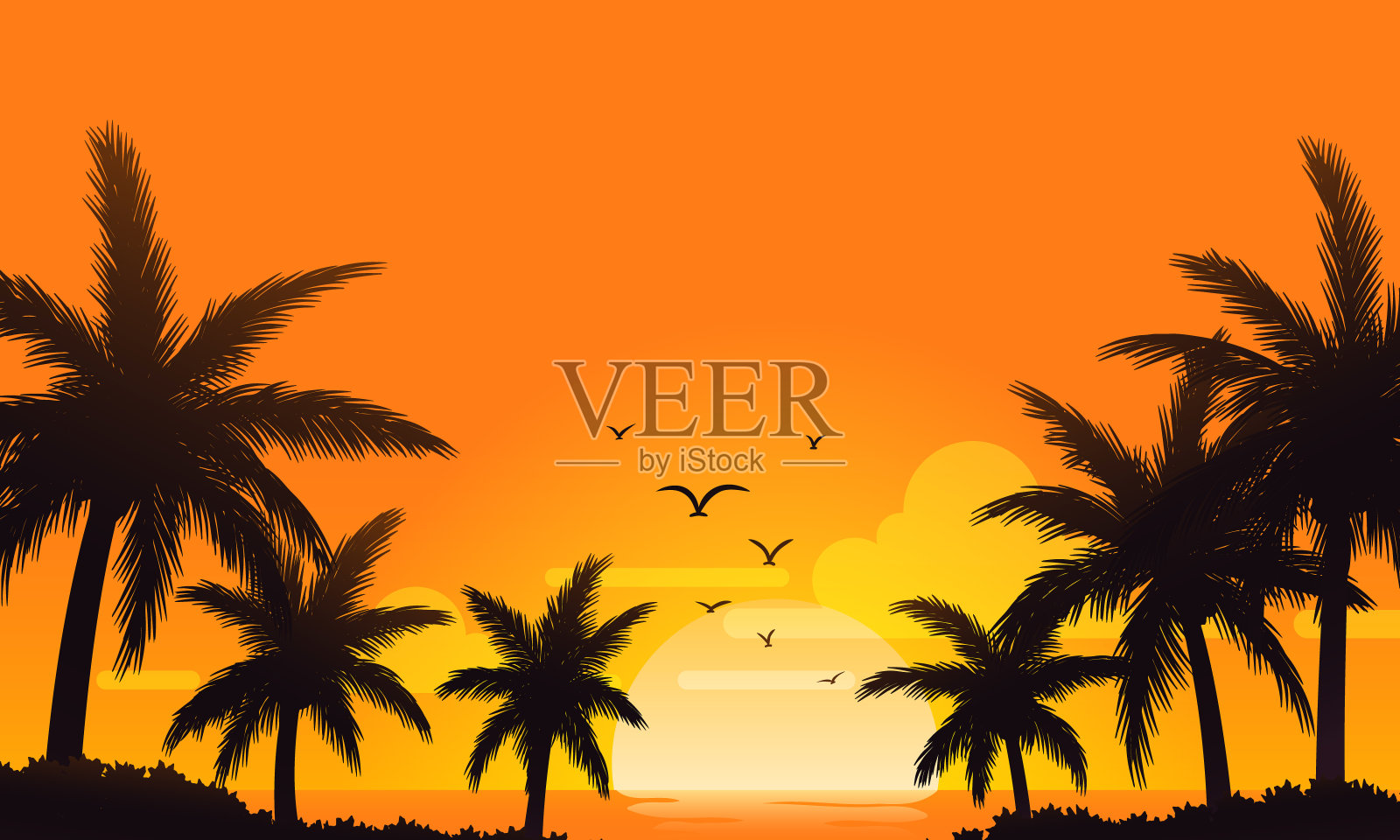 夏季日落橙色的天空与椰子树的剪影背景插画图片素材
