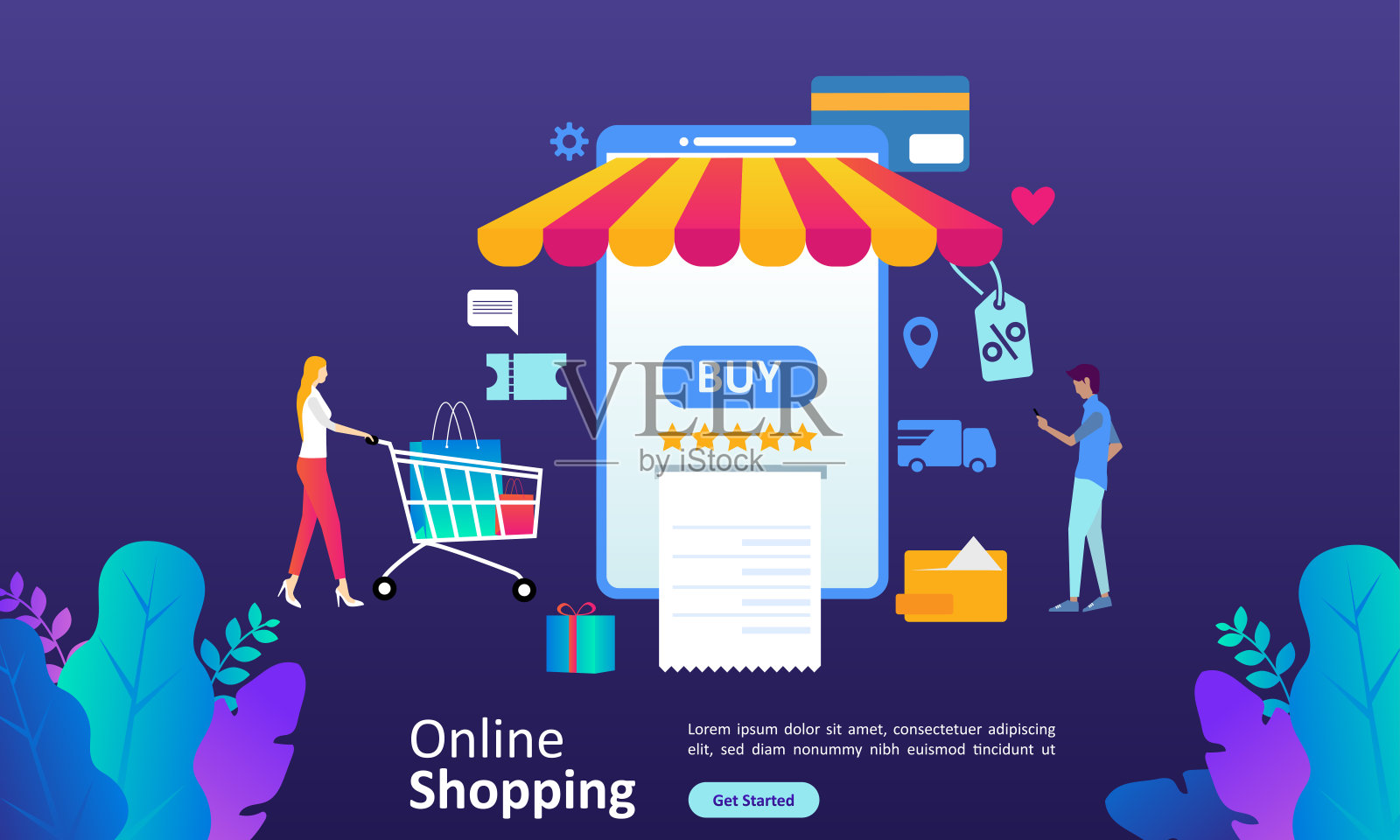 网上购物和商业概念的电子商务与购物的人的活动。适合网页登陆页面，ui，手机应用，横幅模板设计模板素材