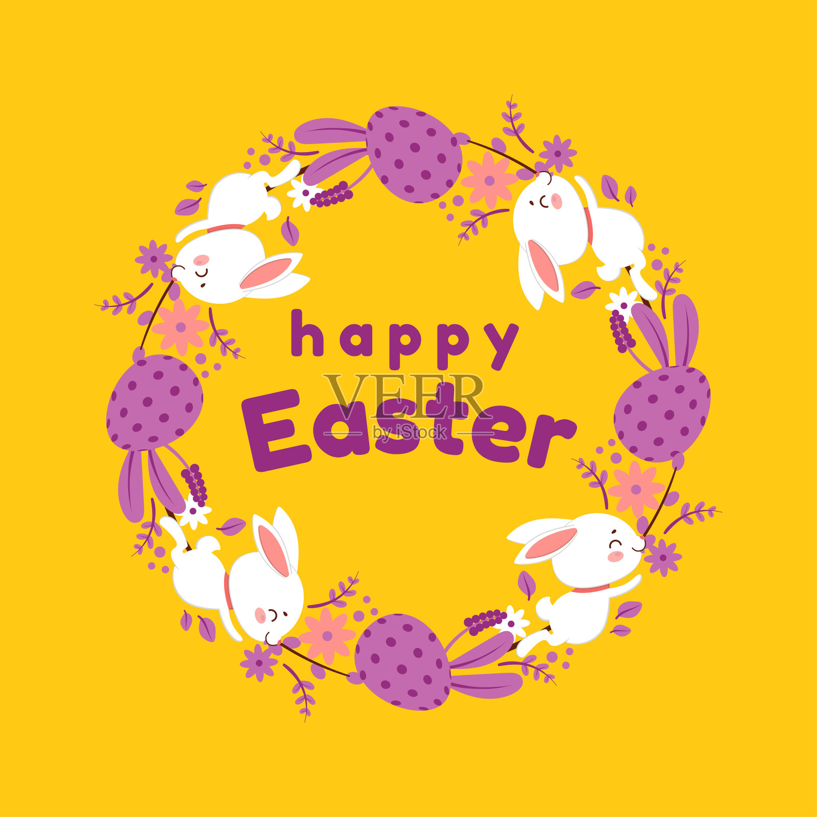 用鲜花、鸡蛋和兔子做成的复活节花环。孤立在黄色背景上。插画图片素材