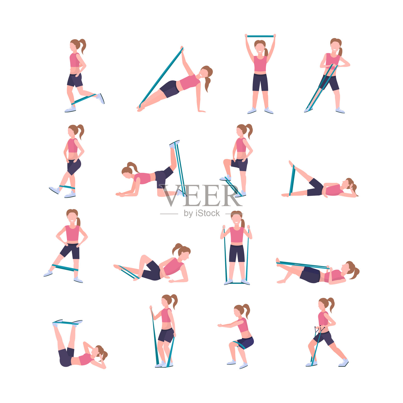 设定运动女人做不同的锻炼与阻力乐队女孩训练在健身房拉伸锻炼健康的生活方式概念平白背景插画图片素材