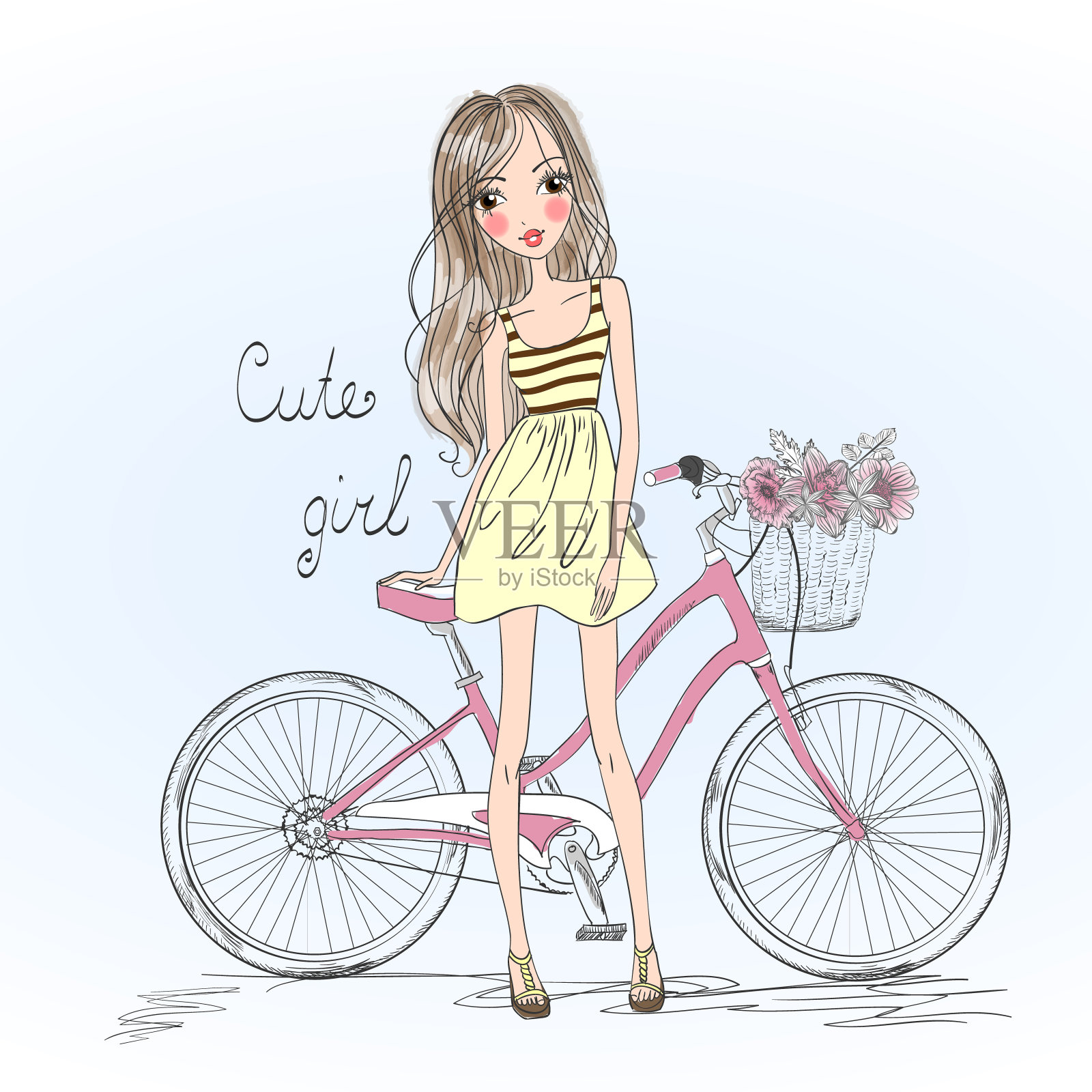 漂亮，可爱的女孩站在自行车旁边，拿着一个装满花的篮子。插画图片素材