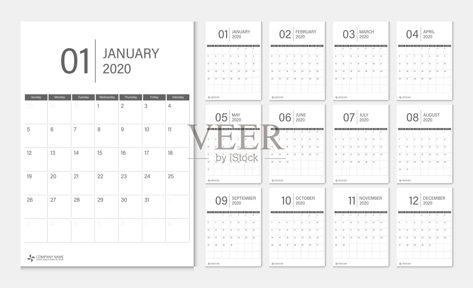 2020年日历。周开始周日企业设计策划人模板。设计模板素材