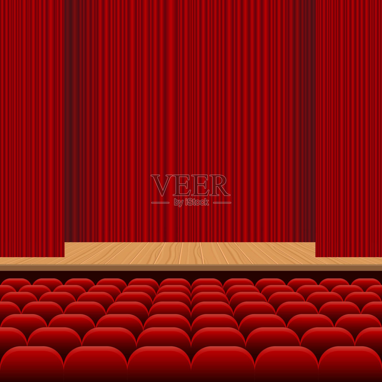 剧院大厅有一排排的红色座位，木制舞台和红色天鹅绒窗帘矢量插图插画图片素材
