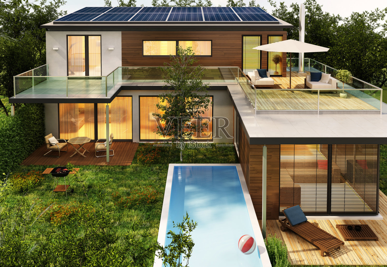 有游泳池和太阳能板的现代住宅照片摄影图片