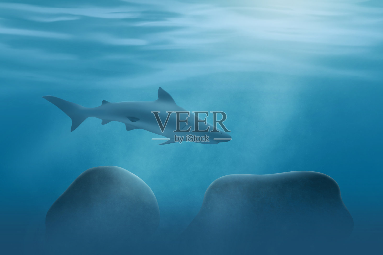 水下场景插图与光线和鲨鱼。蓝色的背景。插画图片素材