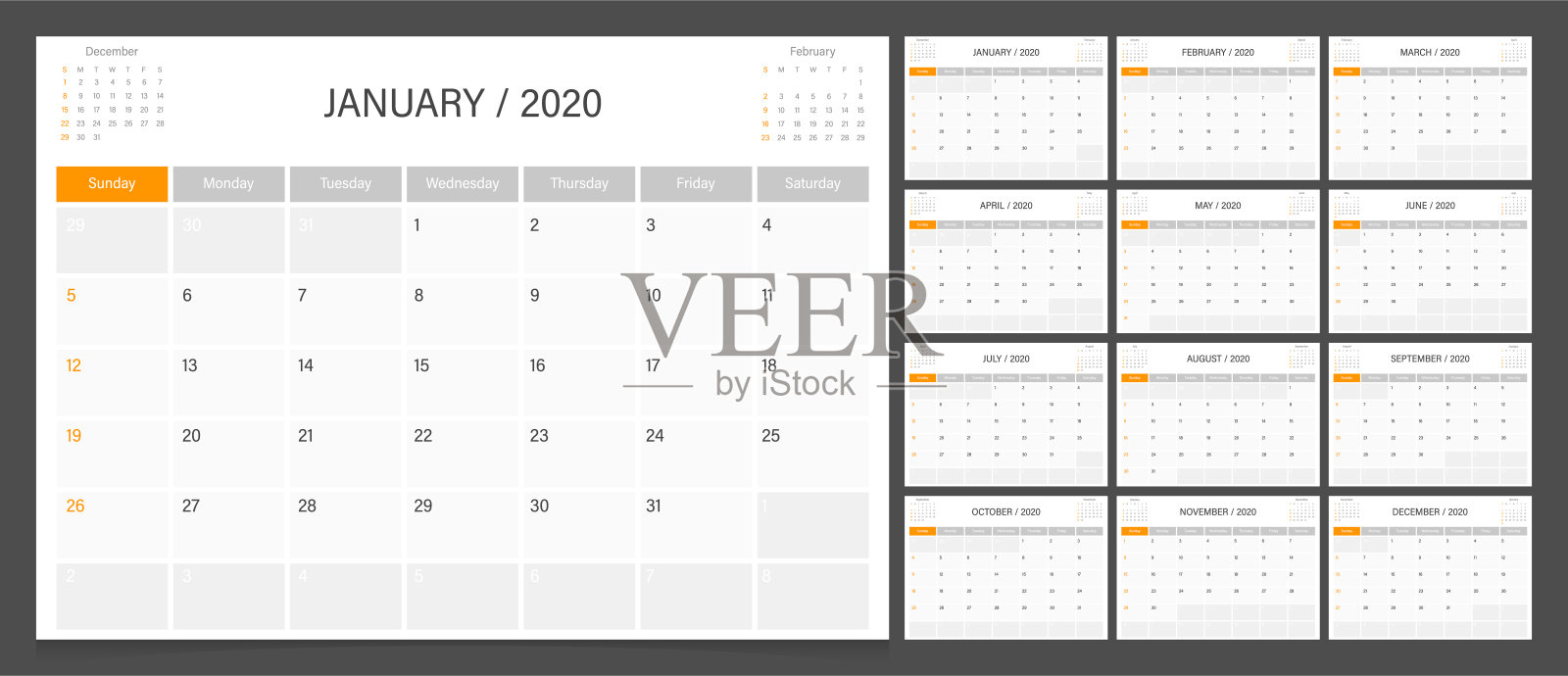 日历规划2020设计模板周周日开始。设计模板素材