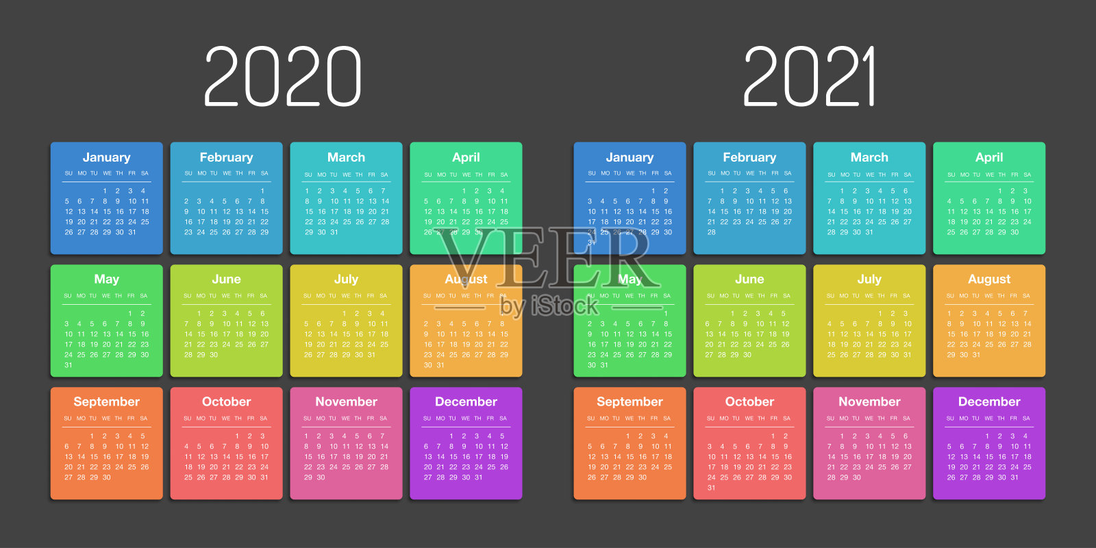 2020年和2021年的矢量日历。一周从周日开始设计模板素材