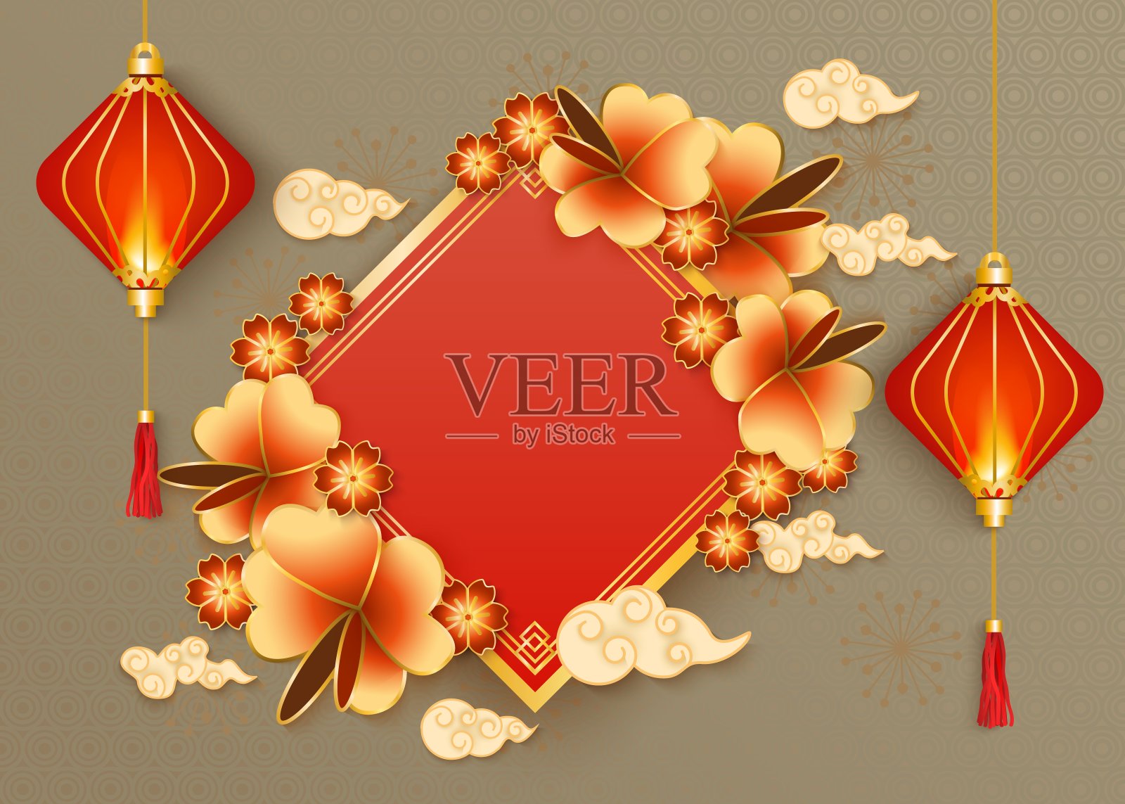 中国新年或东方节日的邀请卡与红灯笼装饰插画图片素材