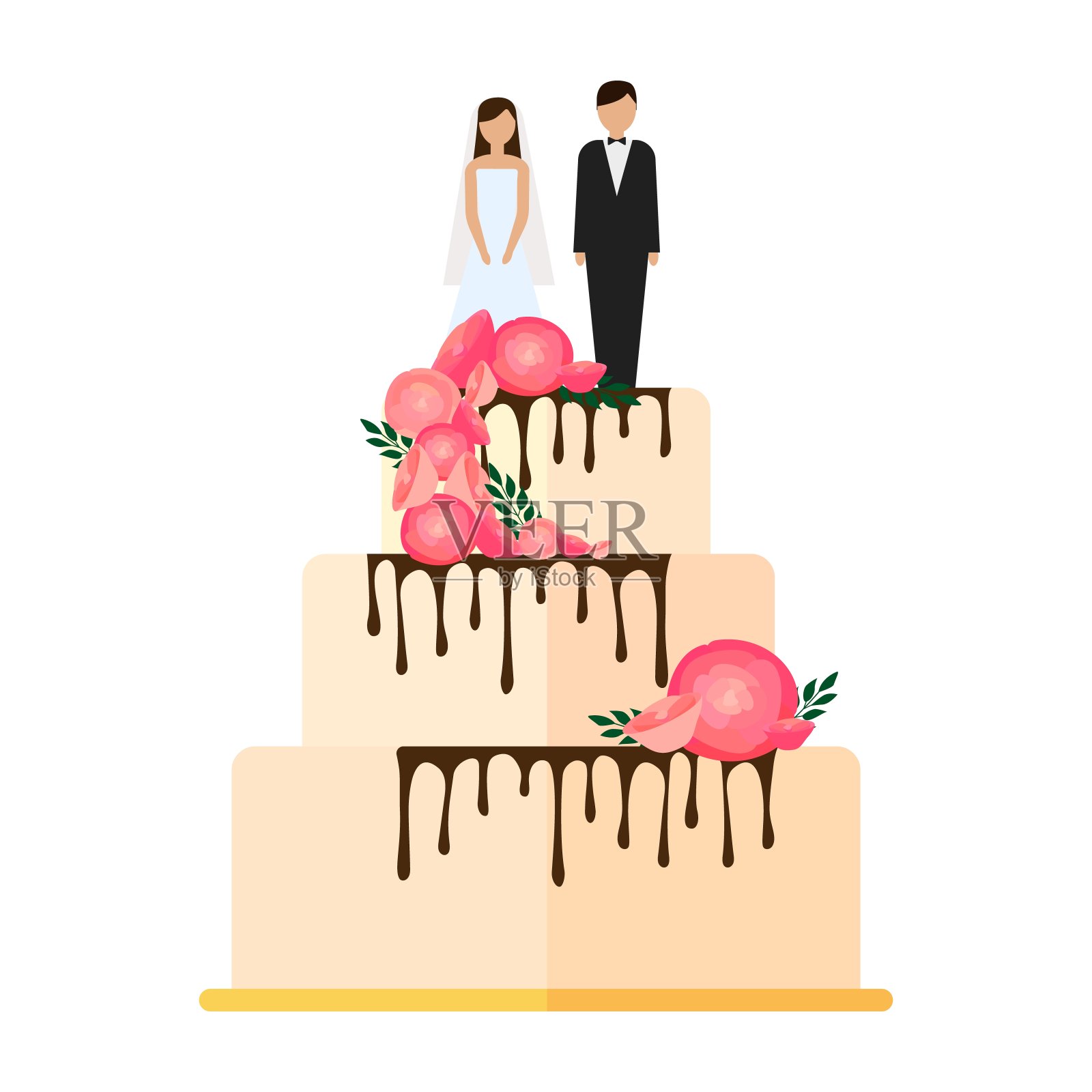 婚礼蛋糕与花卉装饰孤立在一个白色的背景。插画图片素材