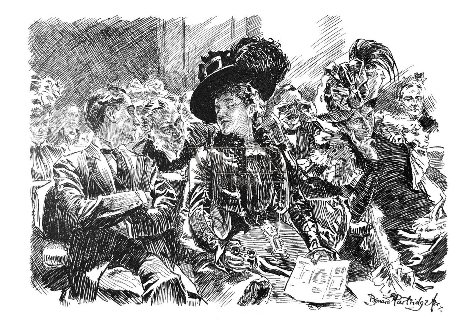 英国讽刺漫画漫画插图在剧院里被他前面的大帽子扰乱的人插画图片素材