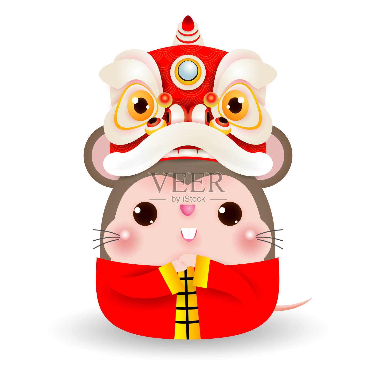 狮子头小老鼠，快乐中国新年2020鼠年生肖，卡通矢量插图孤立在白色背景。插画图片素材