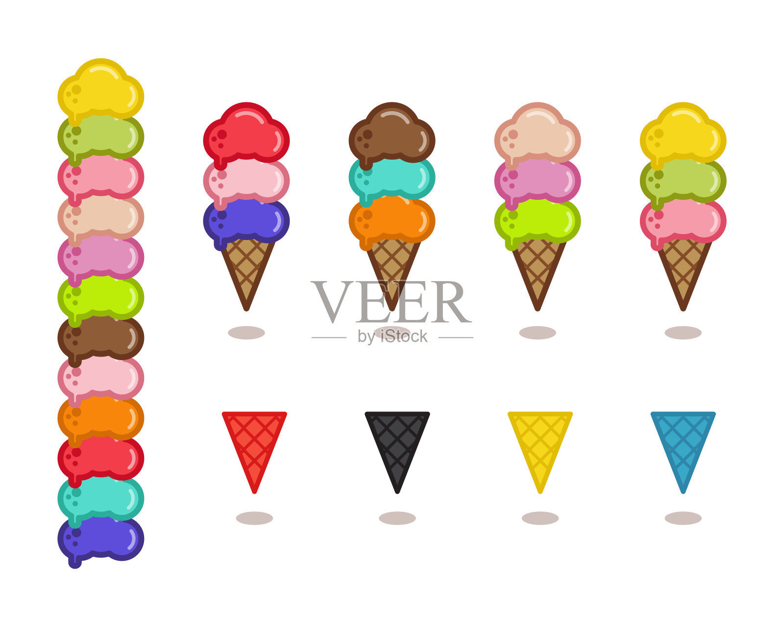 一组简单的图标为冰淇淋咖啡馆孤立的白色背景。构造器，使不同的口味和锥。插画图片素材