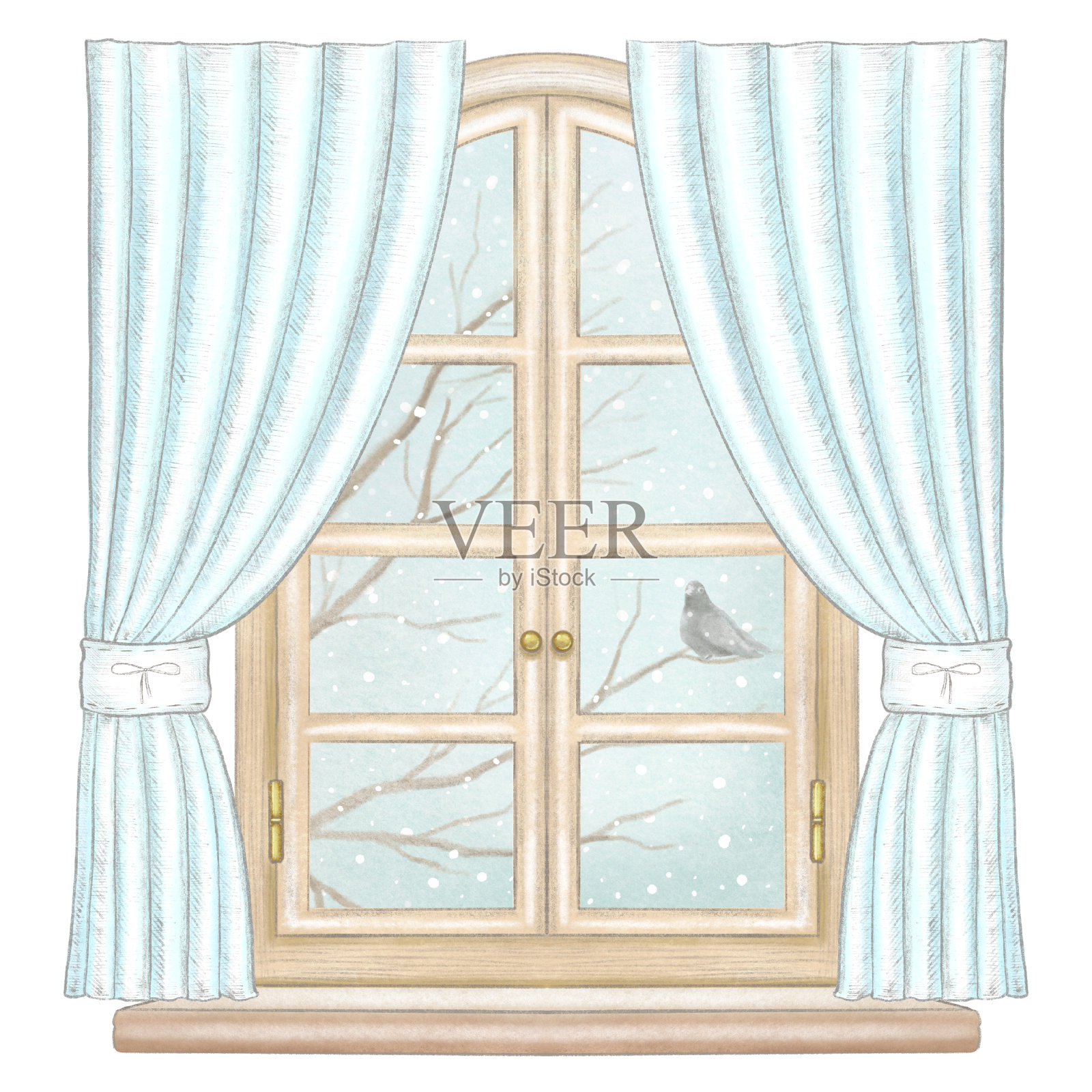 水彩和铅笔窗，蓝色窗帘和冬季景观插画图片素材