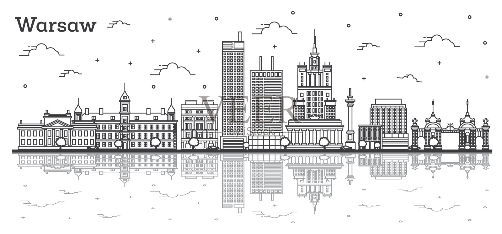 波兰华沙城市天际线轮廓与现代建筑和反射孤立在白色。插画图片素材