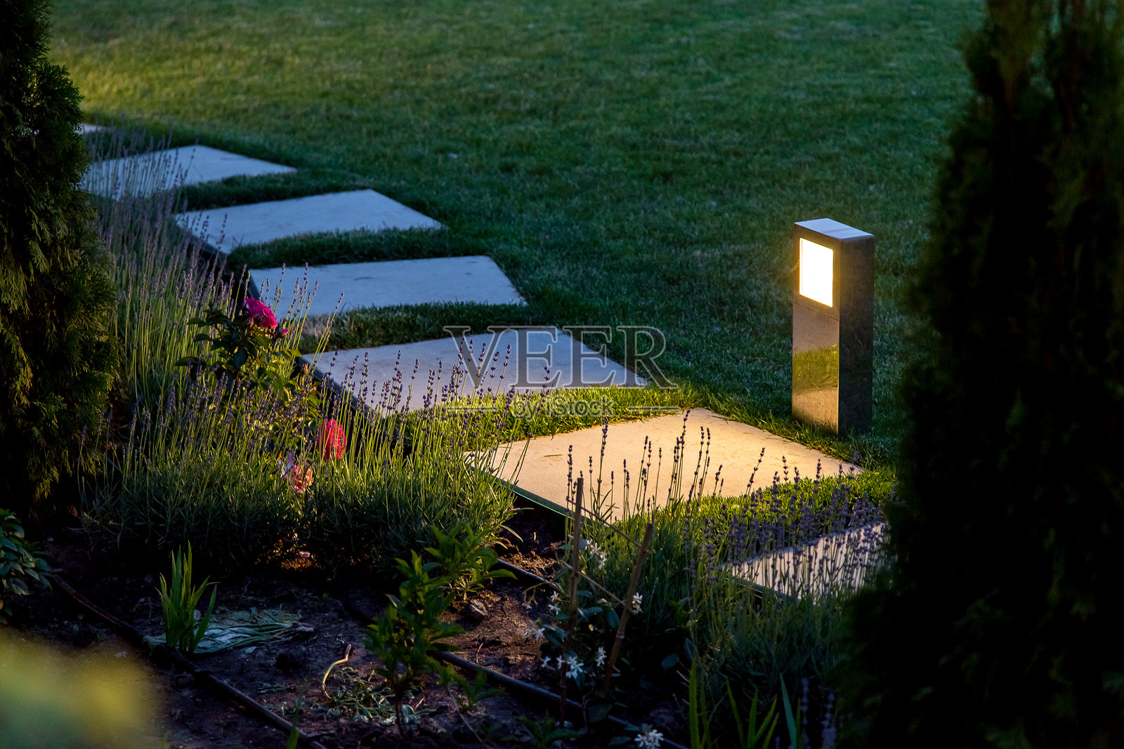 在带有花坛和草坪的后院里，一盏金属灯笼照亮了方形瓷砖的大理石小径。照片摄影图片